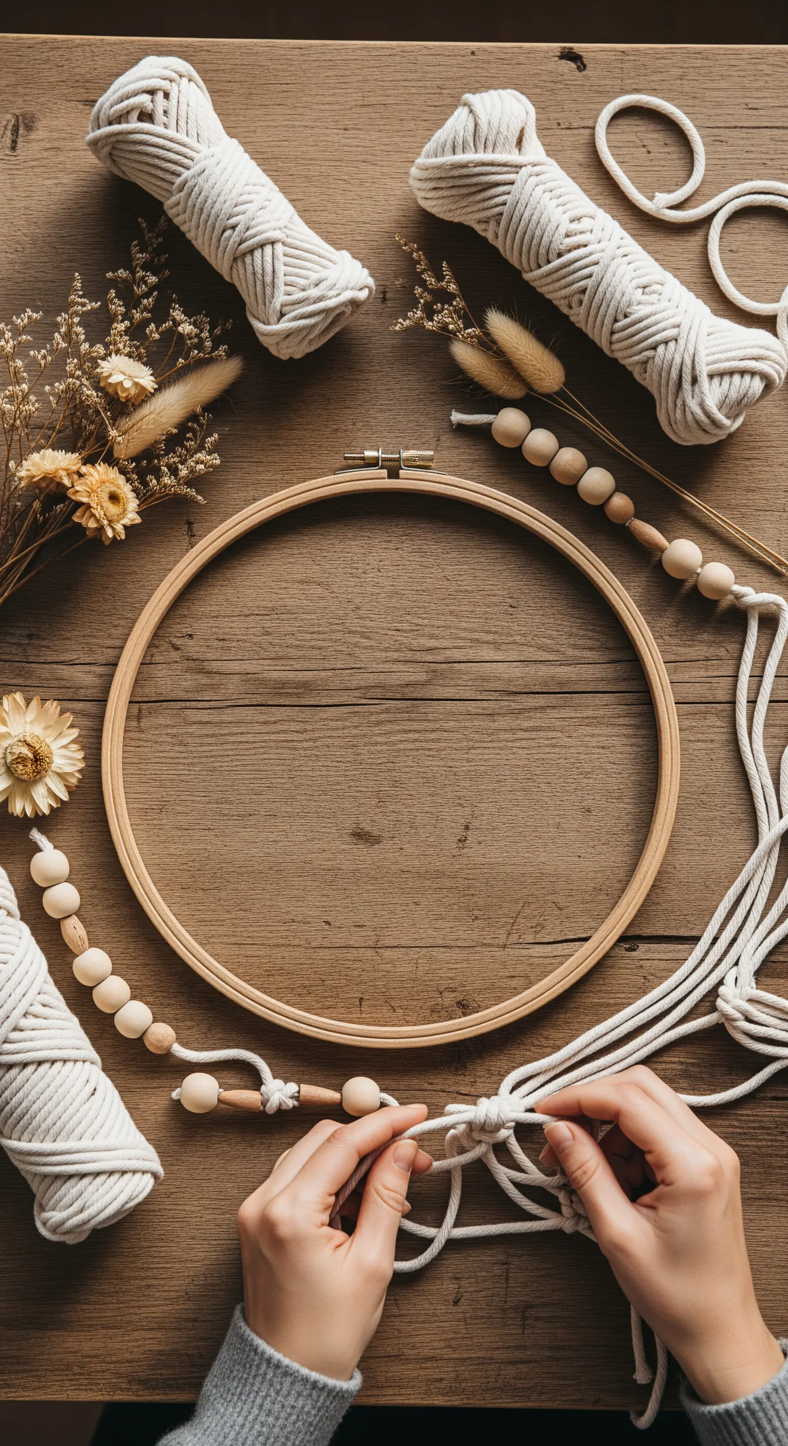 Mani che intrecciano fili di cotone per creare un decoro macramè su un telaio di legno.