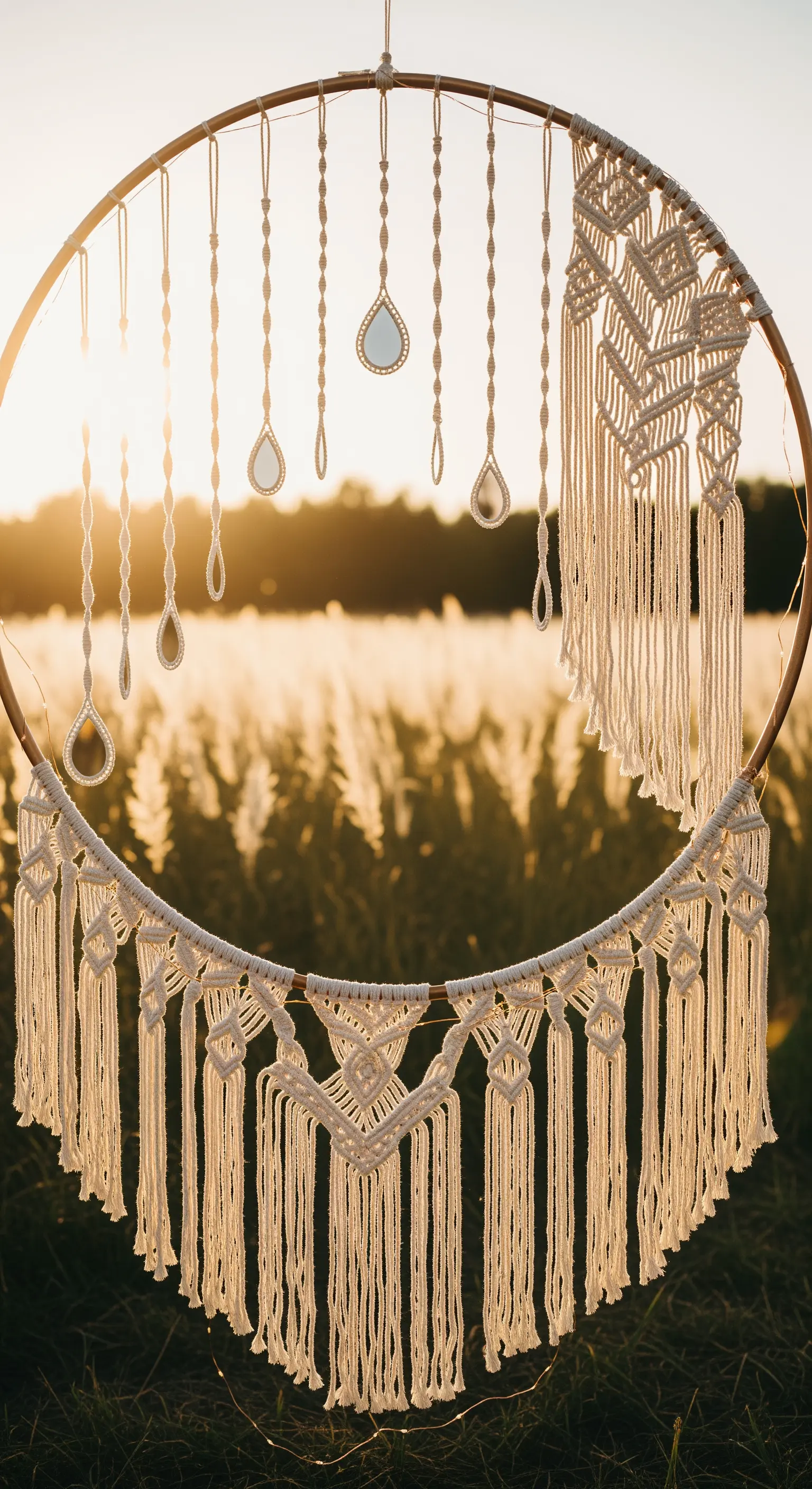 Cornice photobooth circolare in stile boho con decorazioni in macramè e piccoli specchi pendenti.