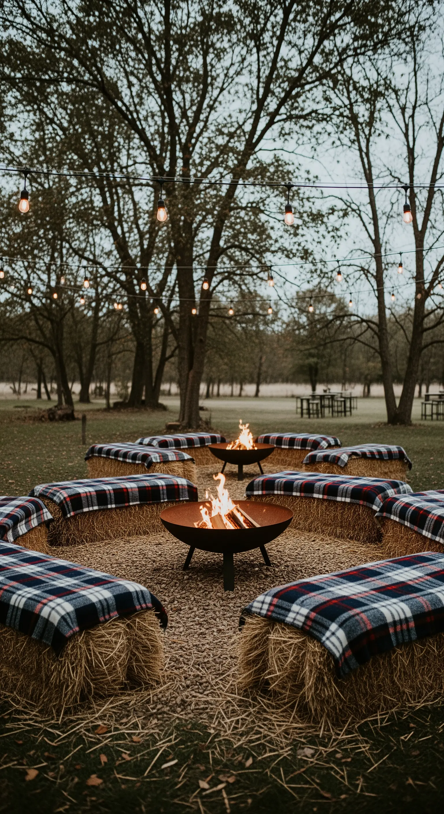 Area relax con balle di fieno coperte da plaid disposte attorno a un braciere acceso.