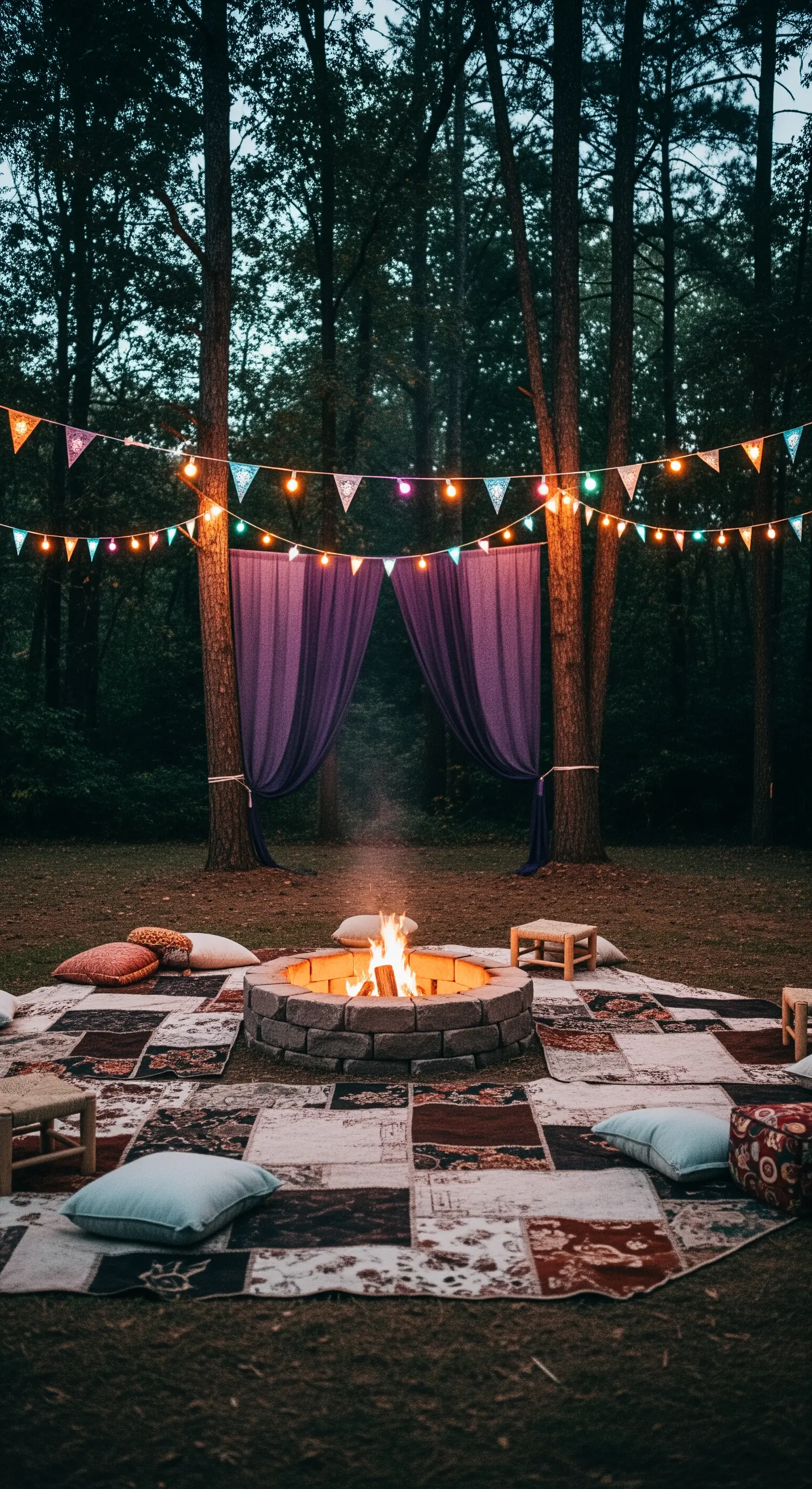 Falò in un bosco circondato da un grande tappeto patchwork, cuscini e bandierine colorate.