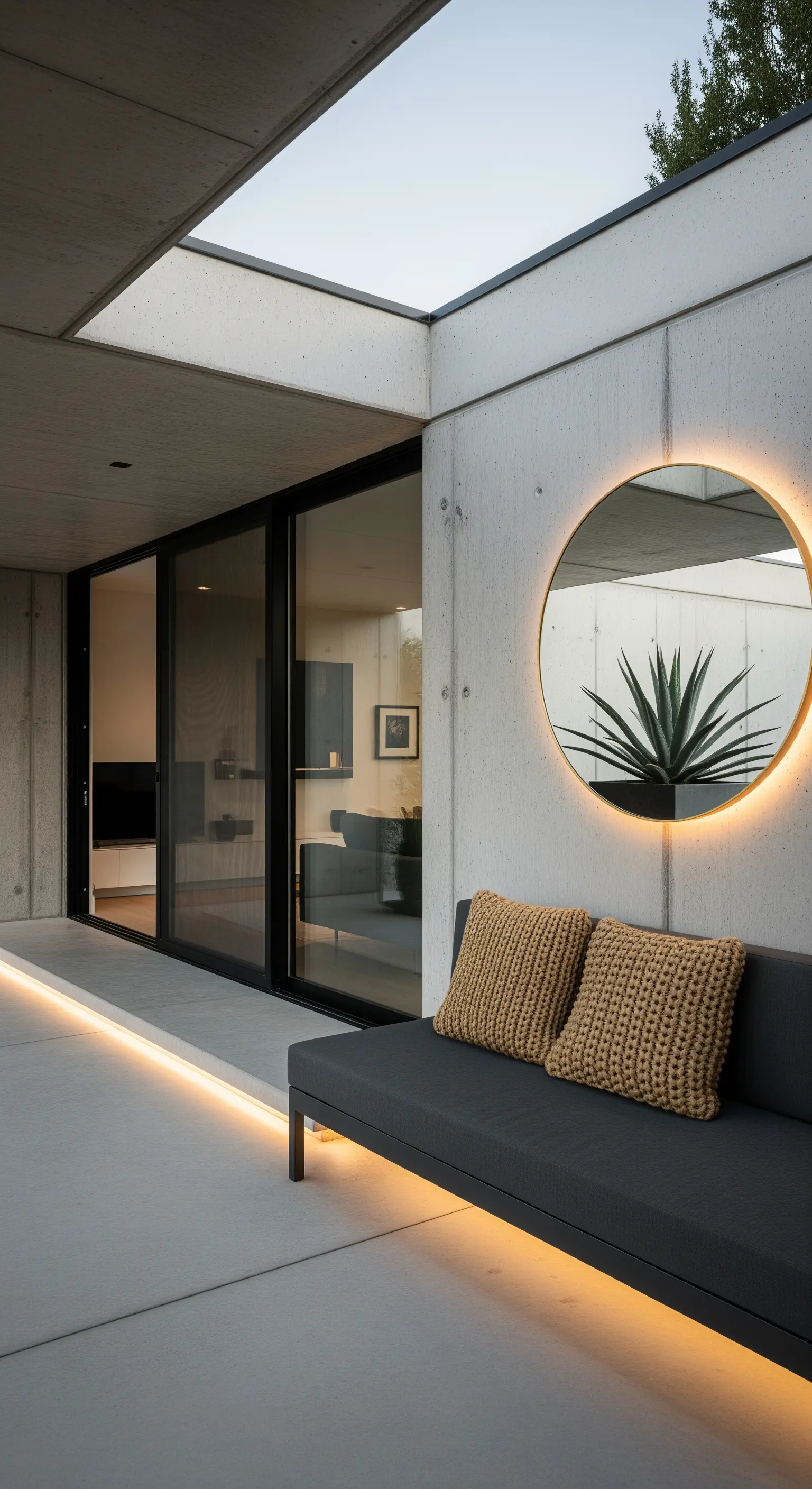 Patio moderno in cemento con specchio rotondo retroilluminato e divano minimal.