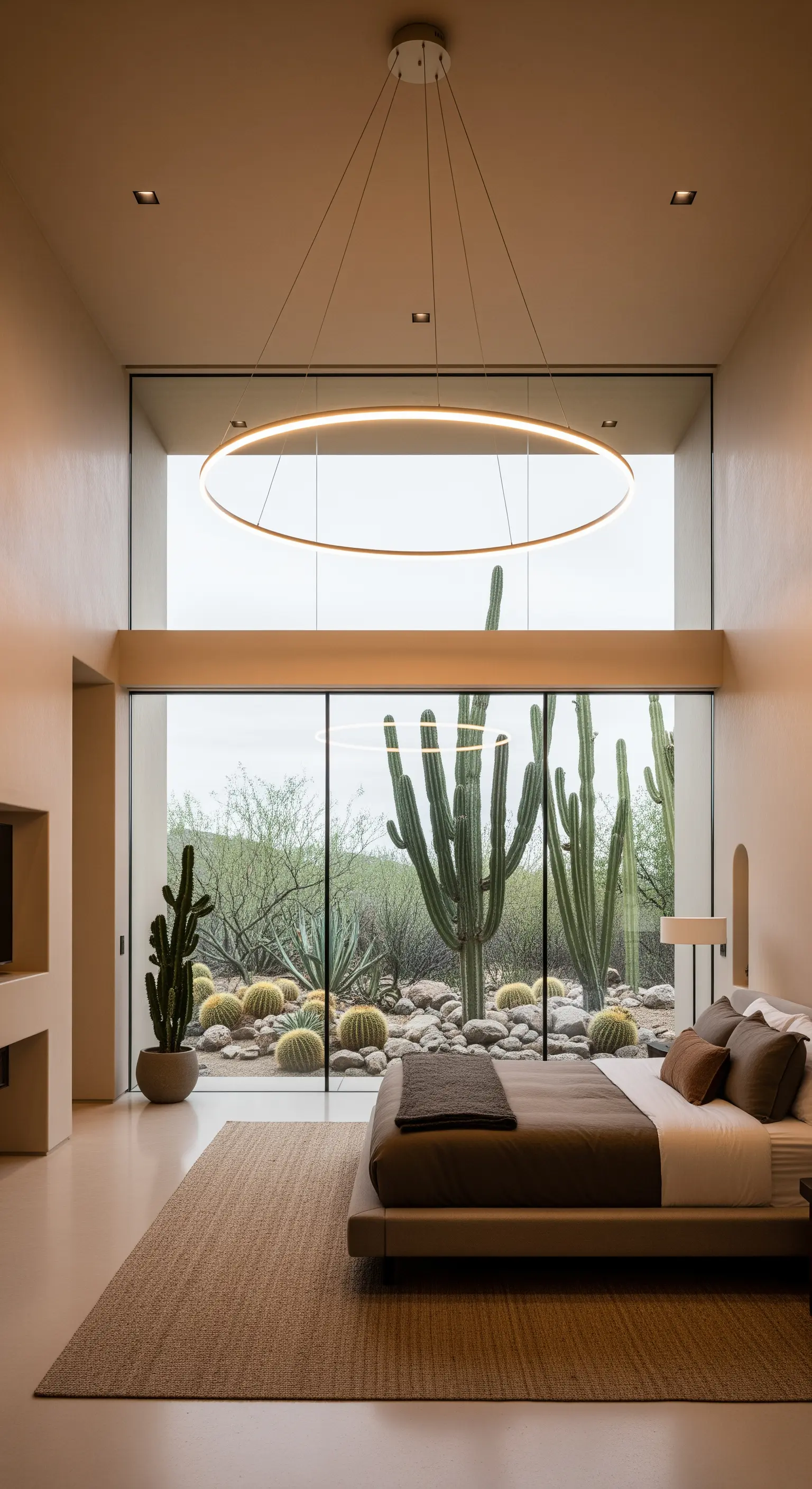 Grande lampadario circolare a LED in una camera da letto moderna con vista sul deserto.