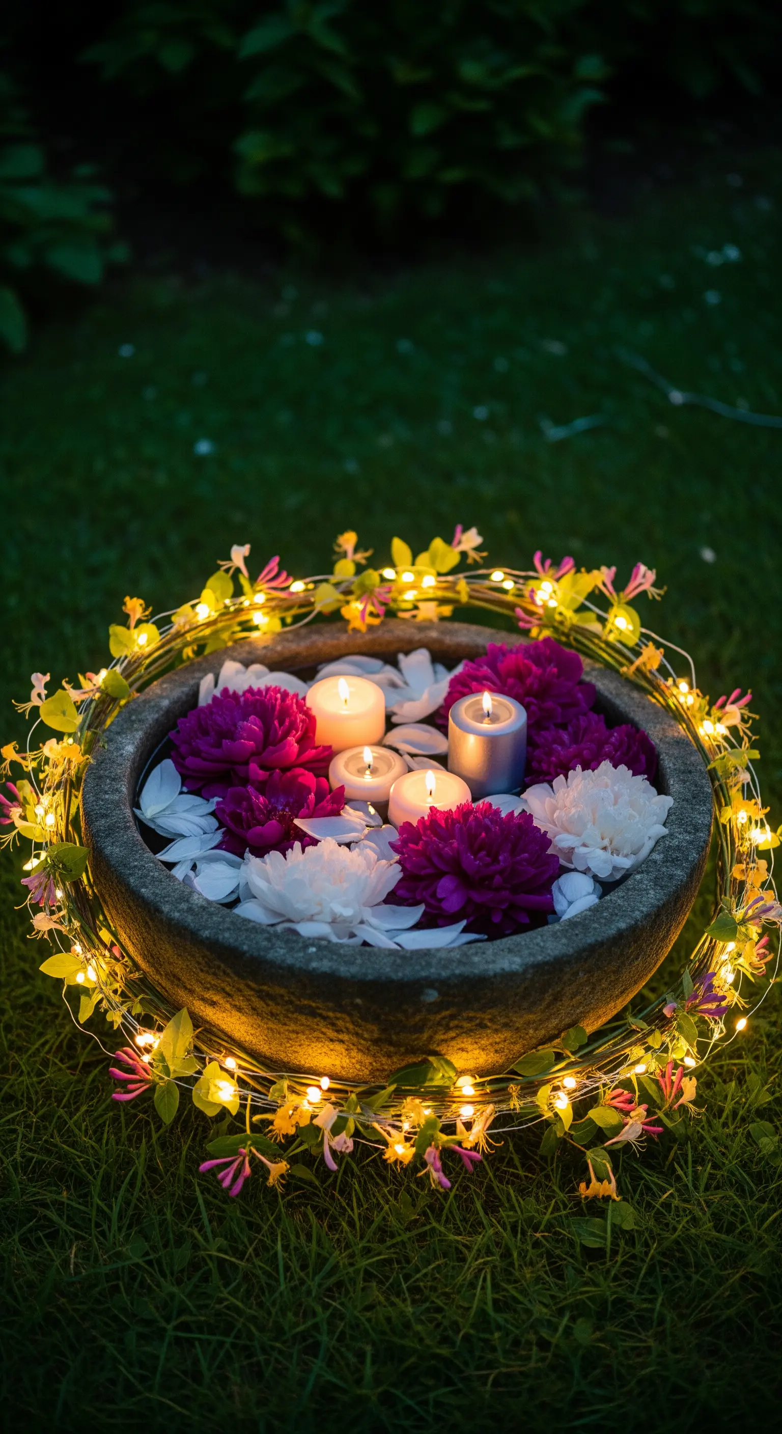 Ciotola in pietra sull'erba con peonie e candele, circondata da un filo di luci a LED.