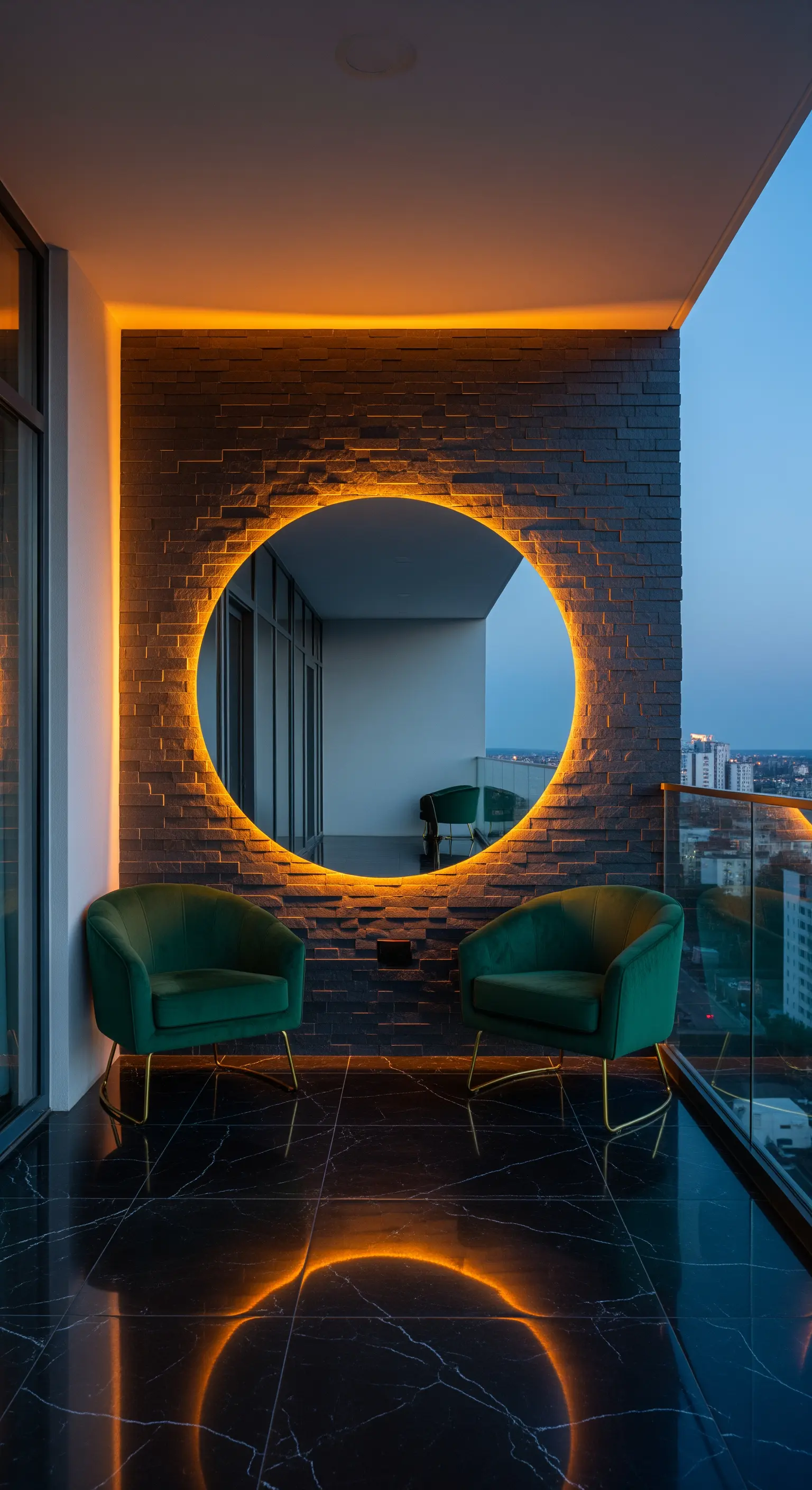 Grande specchio rotondo retroilluminato a luce calda su una parete di pietra scura del balcone.