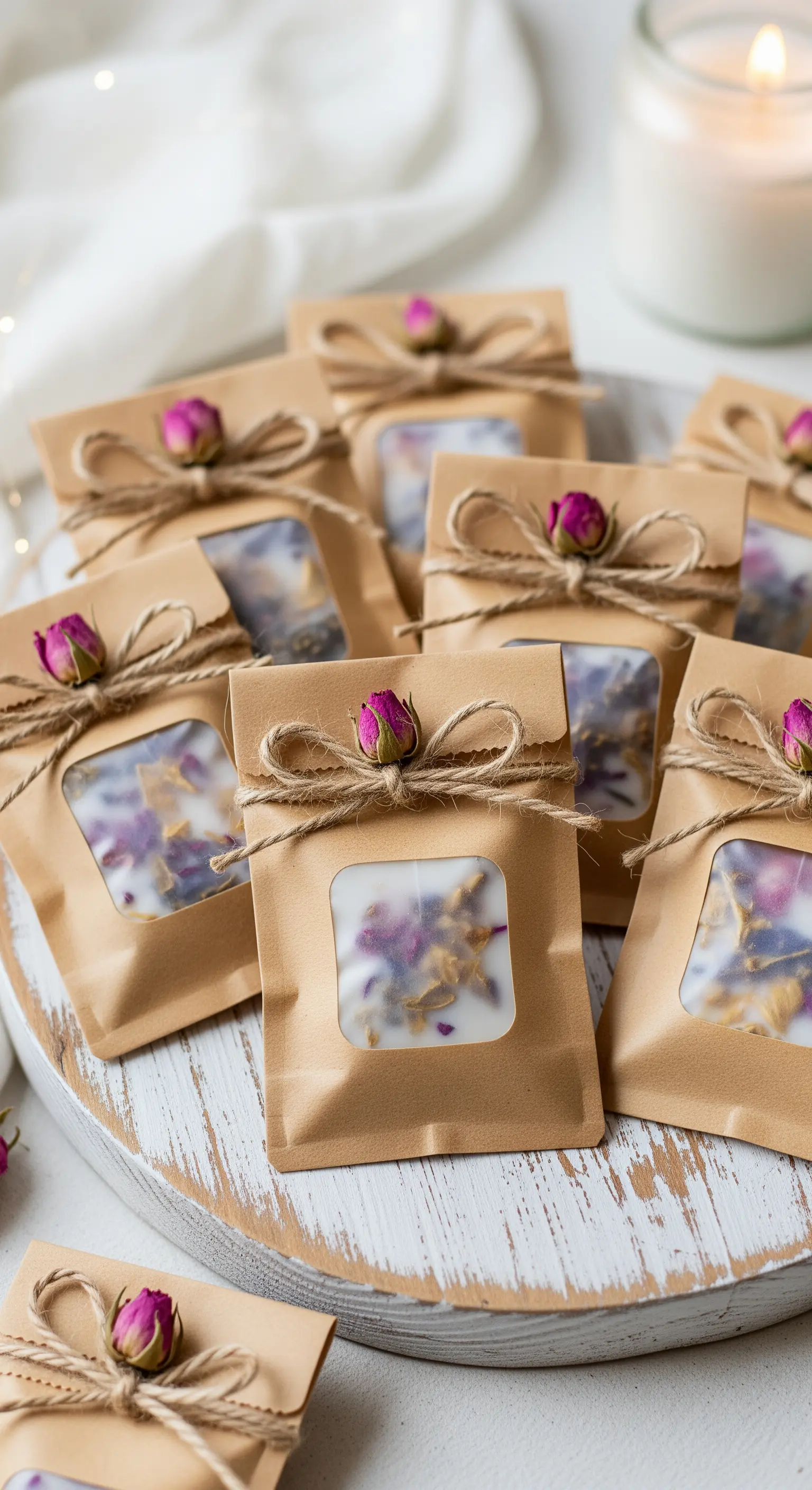 Piccoli sacchetti in carta kraft con finestra, contenenti cera profumata e decorati con spago e rose.