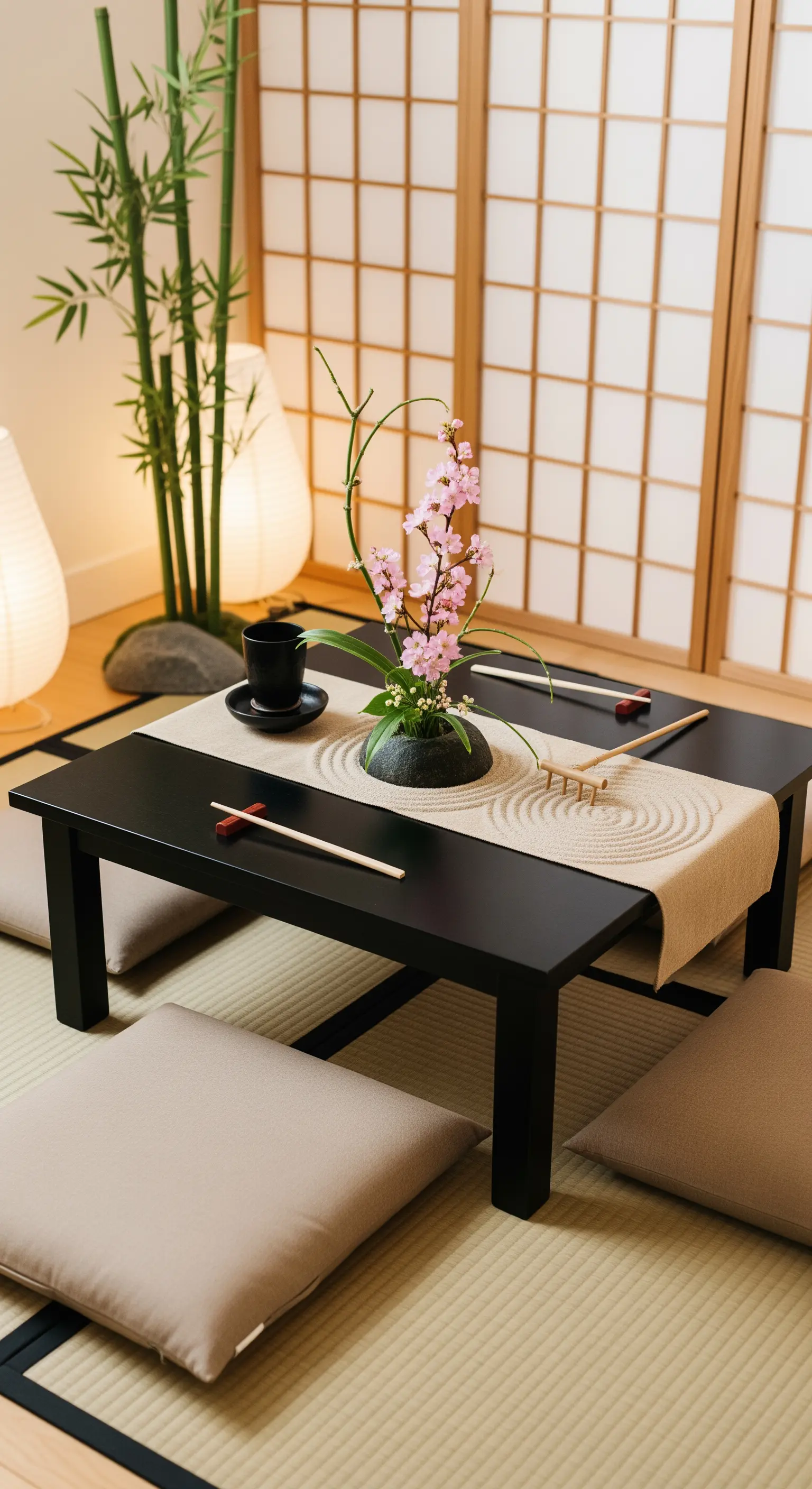 Angolo giapponese con tatami, tavolo basso, mini giardino zen e fiori di ciliegio.