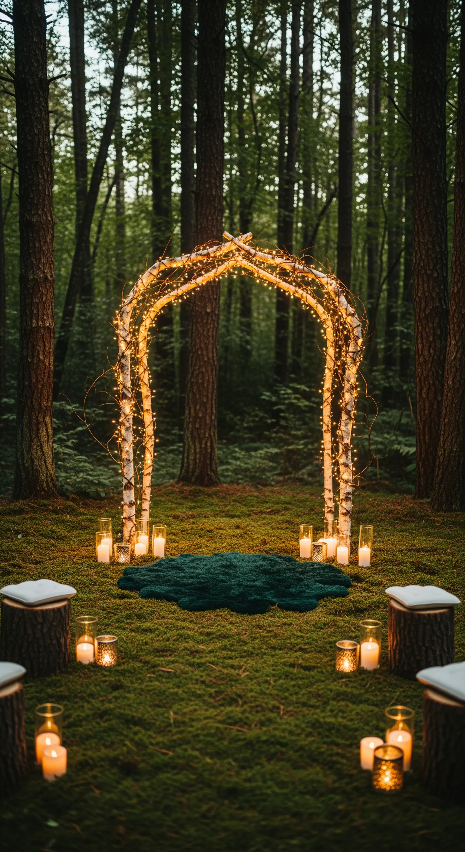 Arco di betulla illuminato da lucine in una foresta, con tappeto verde e candele.
