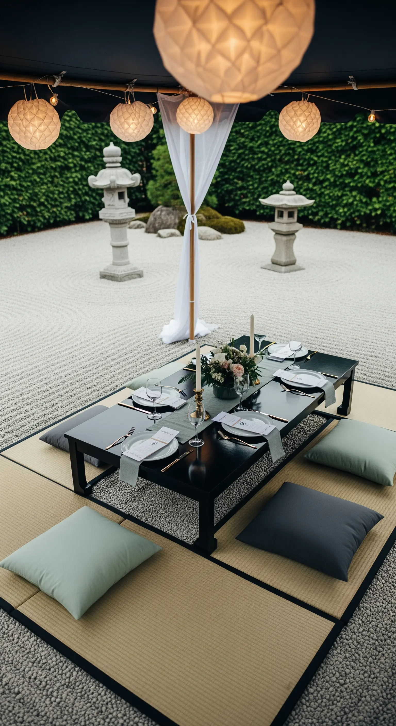Tavolo basso nero in un giardino zen, con cuscini color salvia e lanterne di carta.