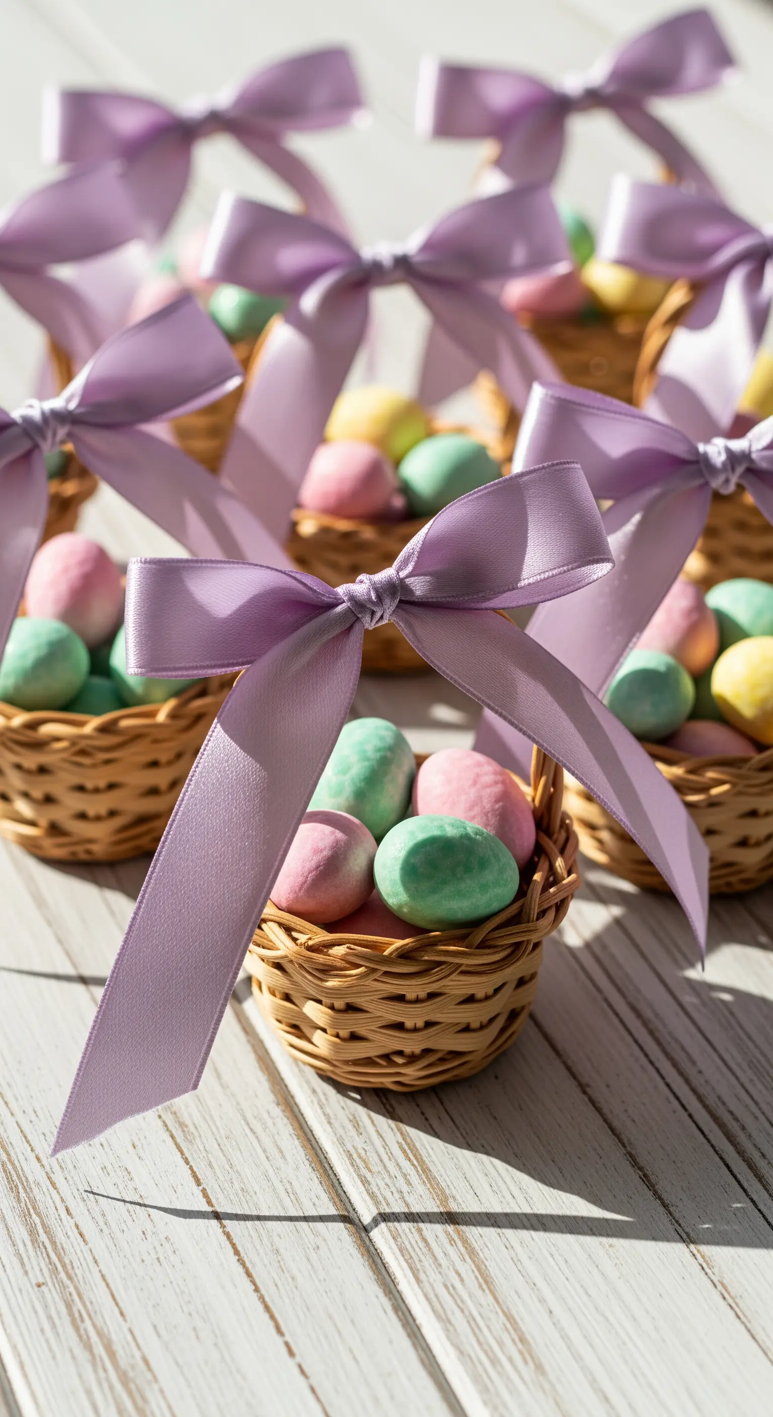 Mini cestini pasquali in vimini con ovetti colorati e fiocchi lilla.