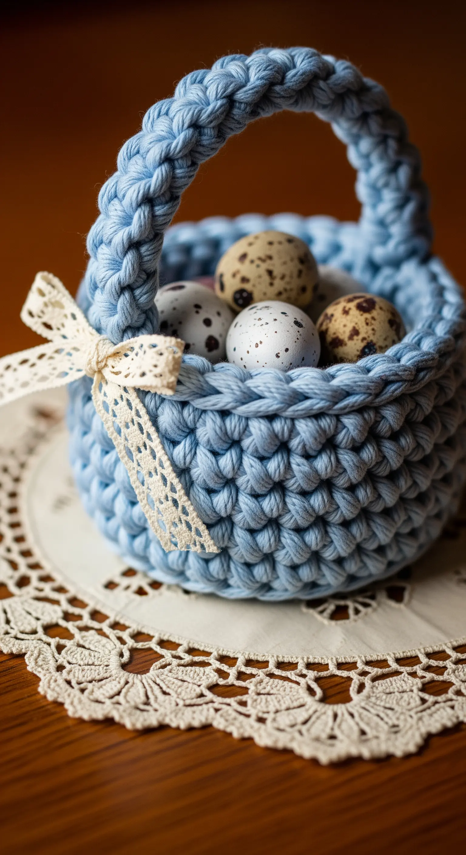 Cestino azzurro lavorato all'uncinetto con uova di quaglia e nastro di pizzo.