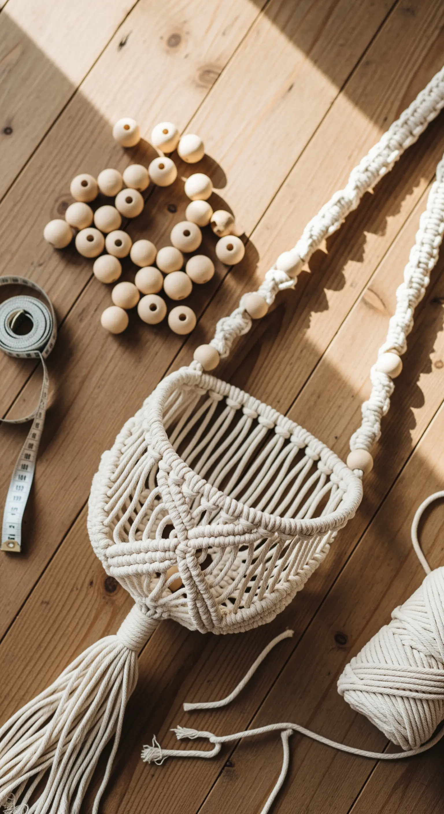 Processo di creazione di un cestino in macramè con perline di legno integrate nella struttura.