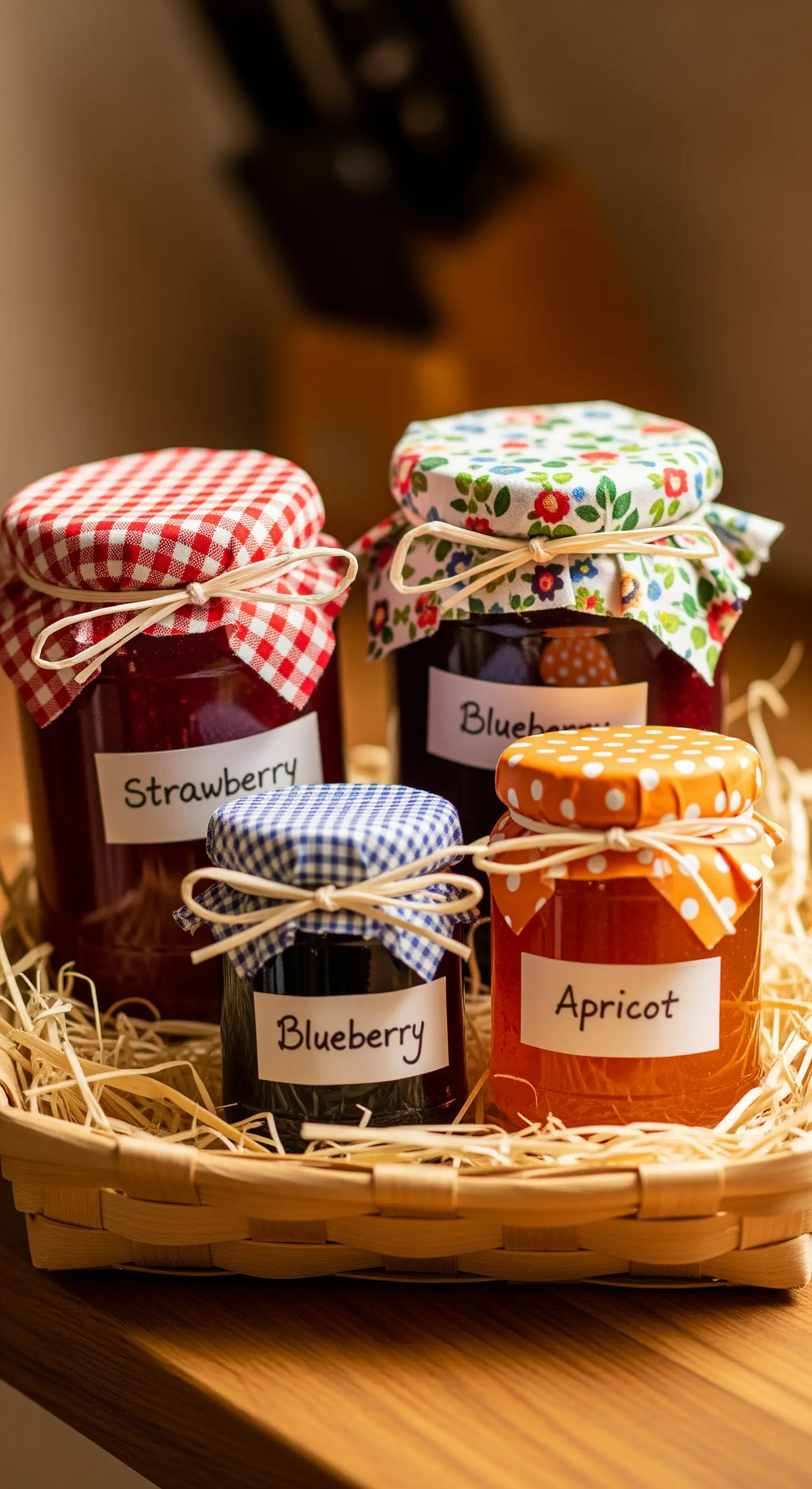 Cesto di vimini con barattoli di marmellate fatte in casa con etichette e copri-tappi colorati.