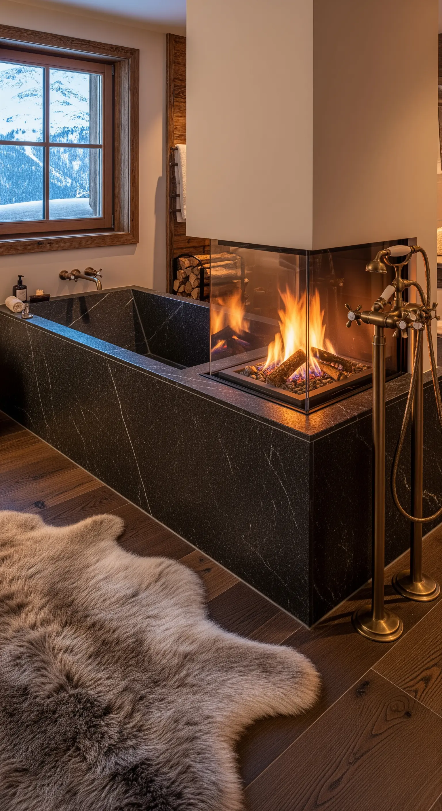 Vasca squadrata in granito nero accanto a un camino moderno in un bagno di lusso in montagna.