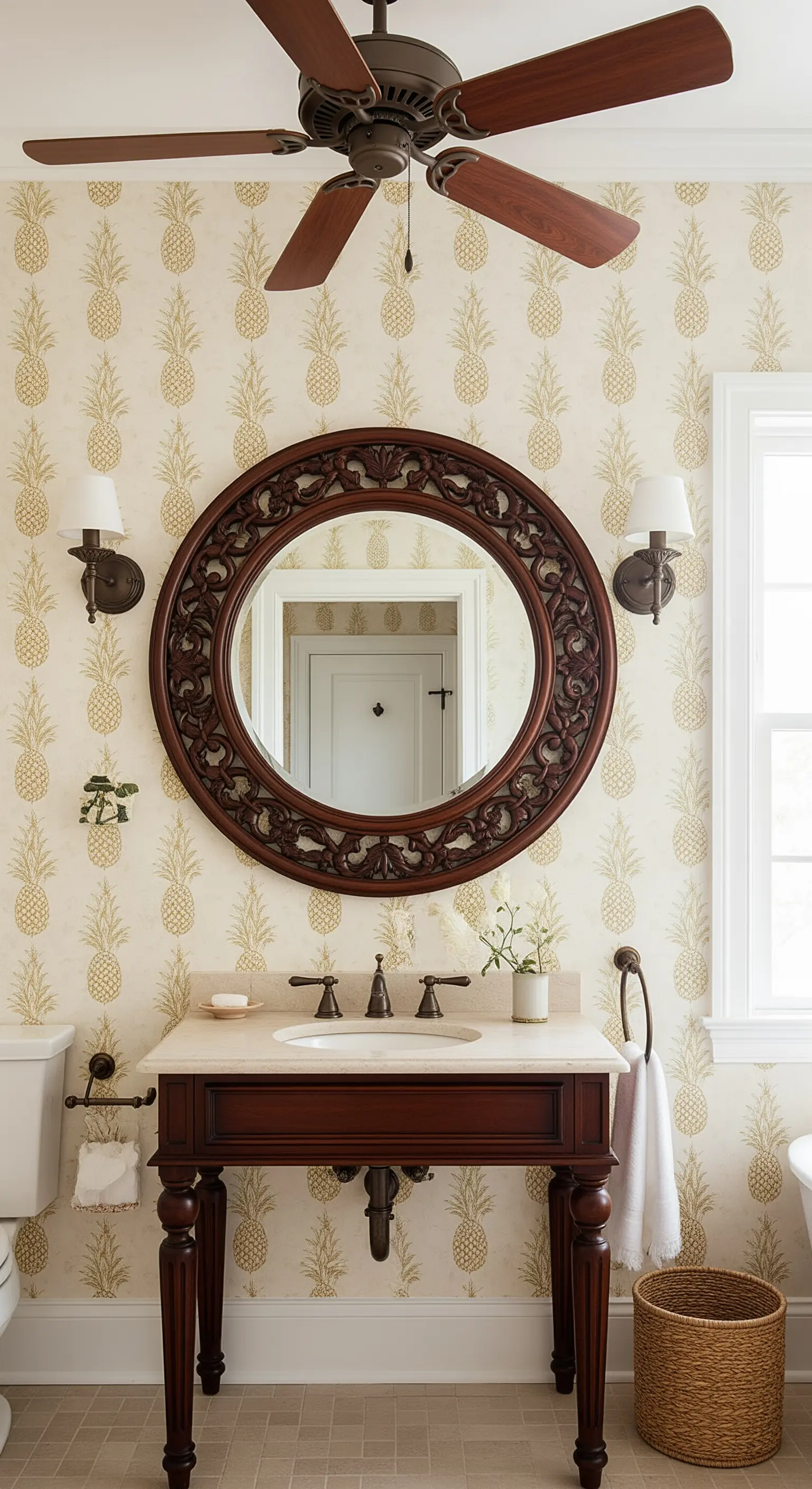 Bagno in stile coloniale con carta da parati con ananas e mobile e specchio in legno scuro.