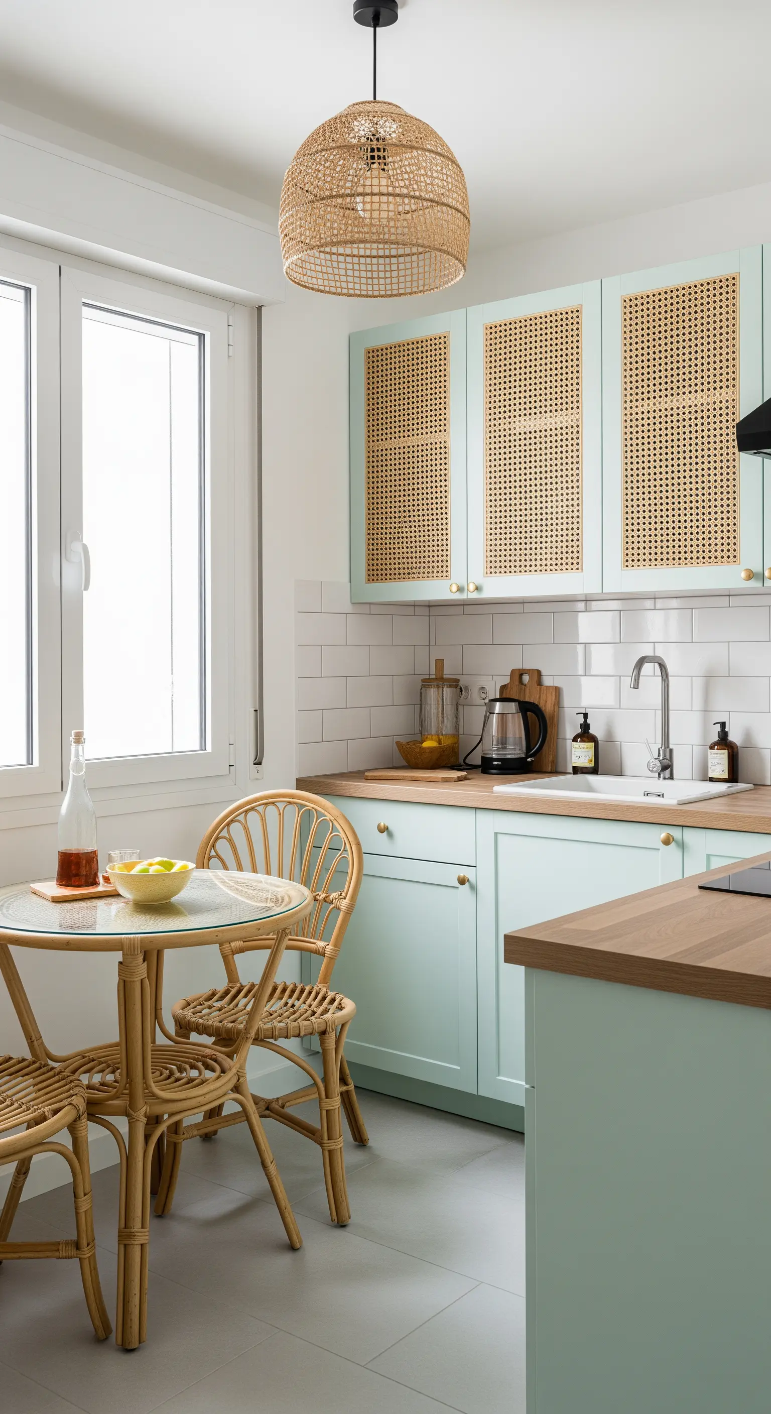 Piccola cucina verde menta con tavolo da pranzo e sedie in rattan.