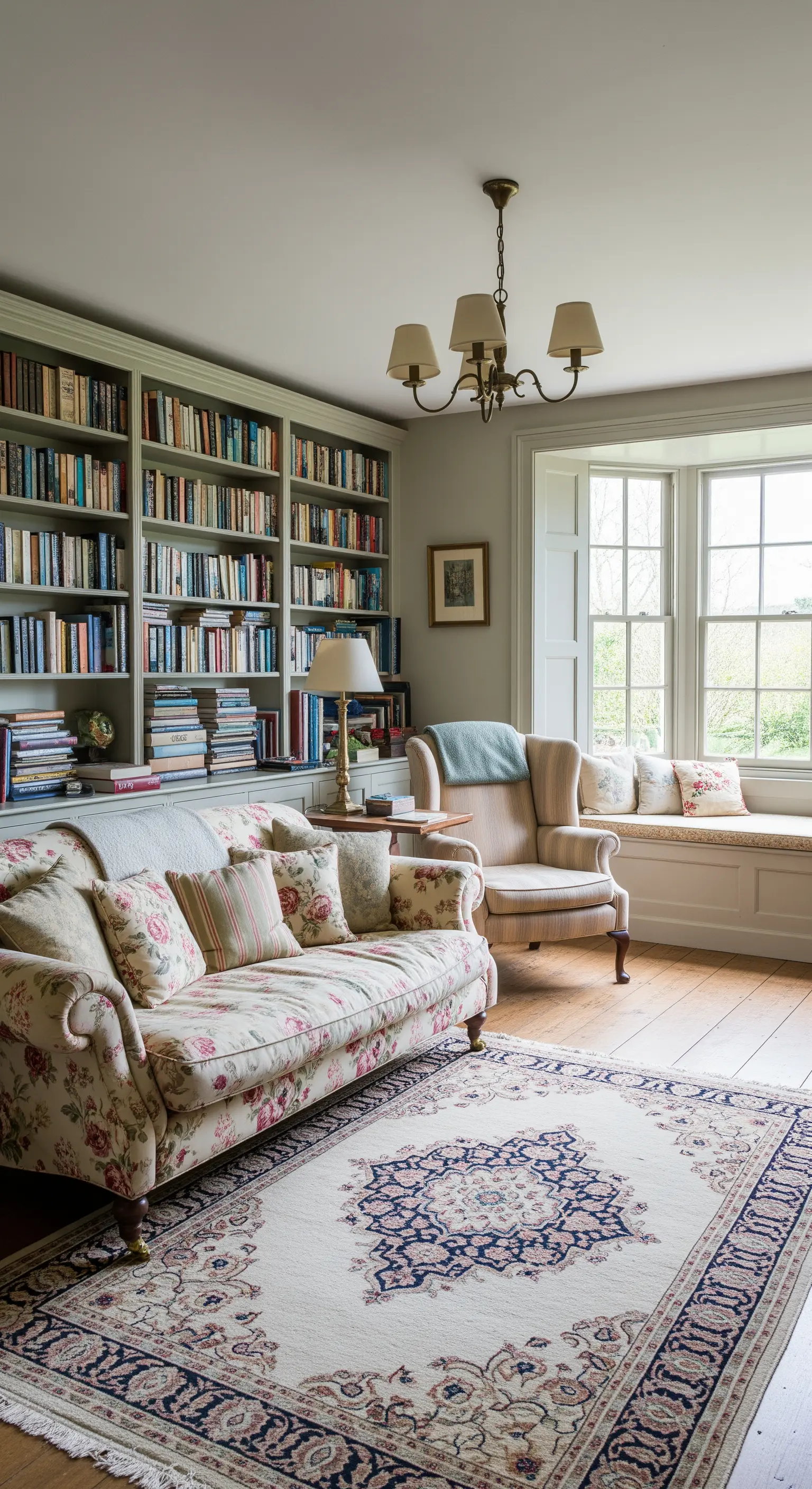 Salotto in stile inglese con libreria verde salvia e divano a fiori.