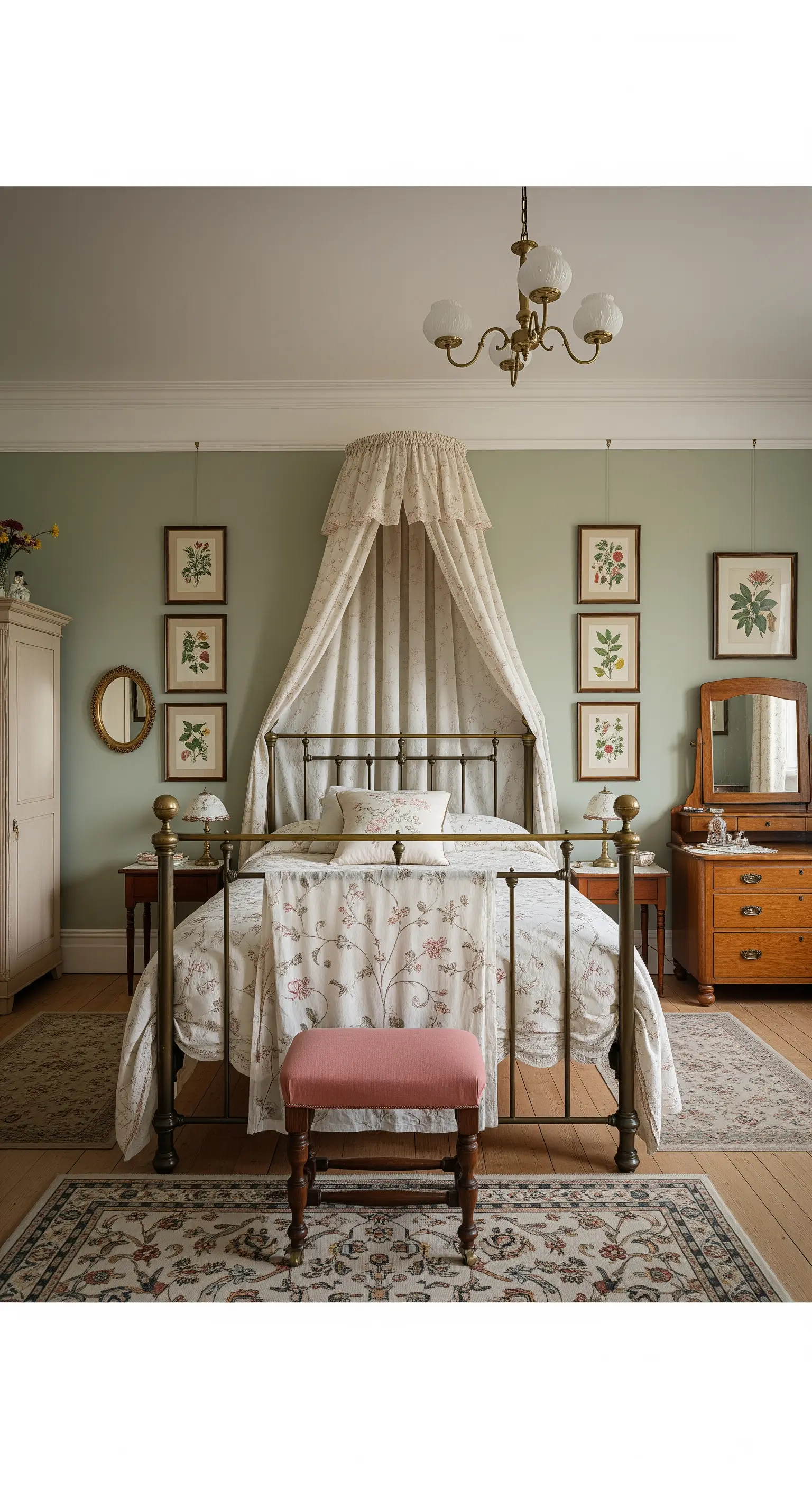 Letto in ottone con baldacchino a corona e tessuti floreali in una camera da letto country.