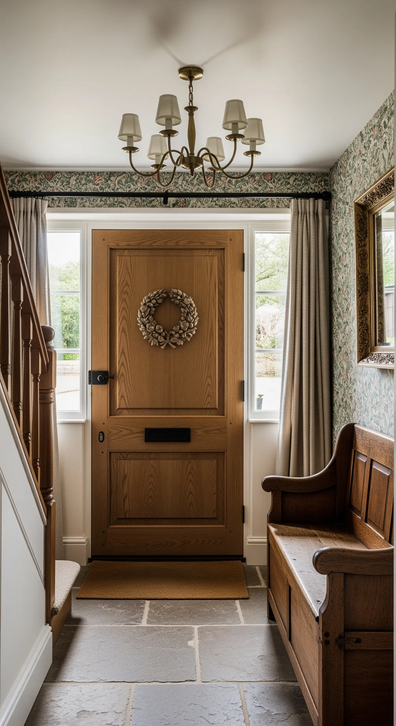 Ingresso in stile country con carta da parati floreale, porta in rovere e panca in legno.