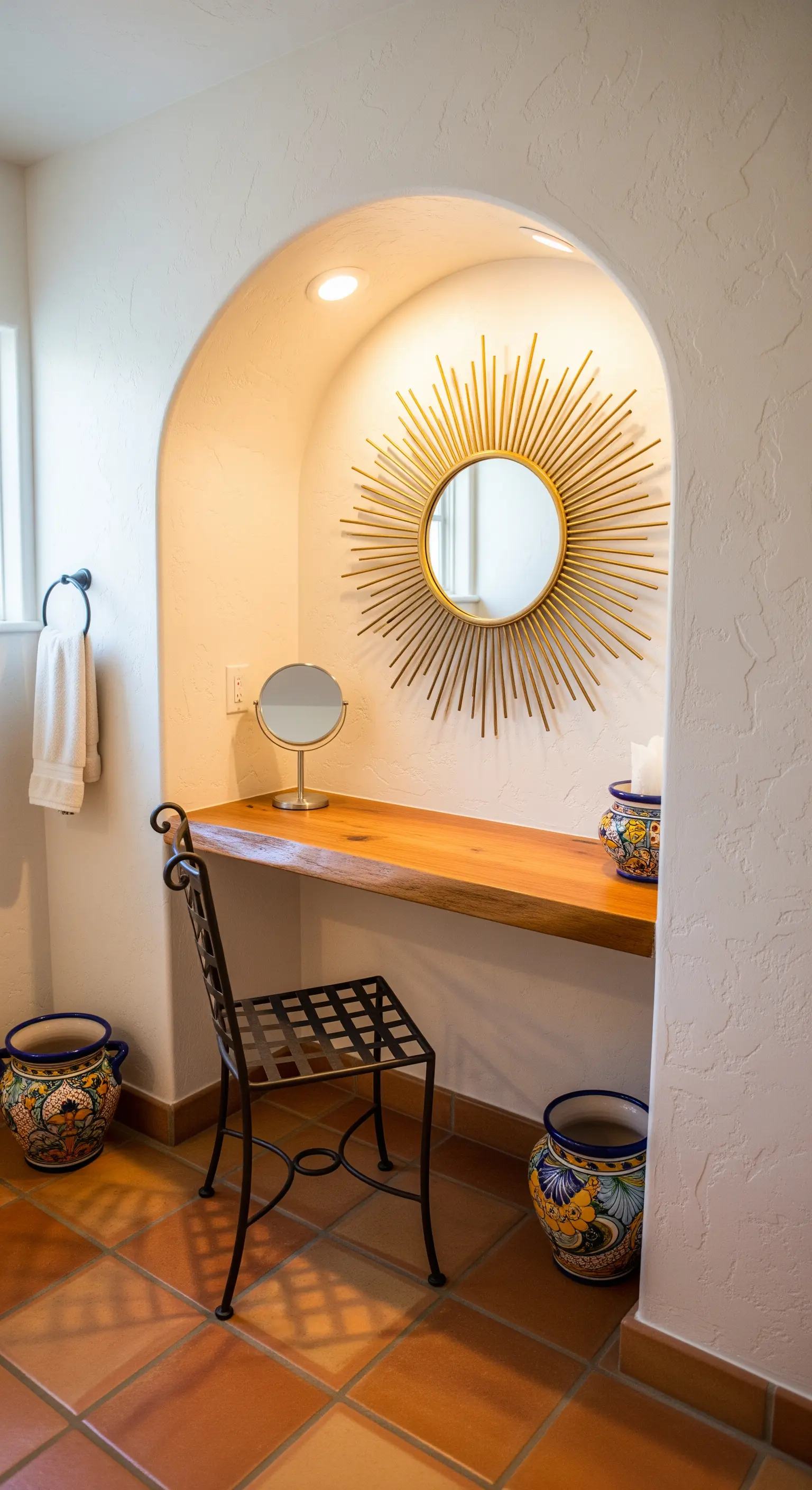 Nicchia con mensola in legno, specchio a raggiera e sedia in ferro battuto.