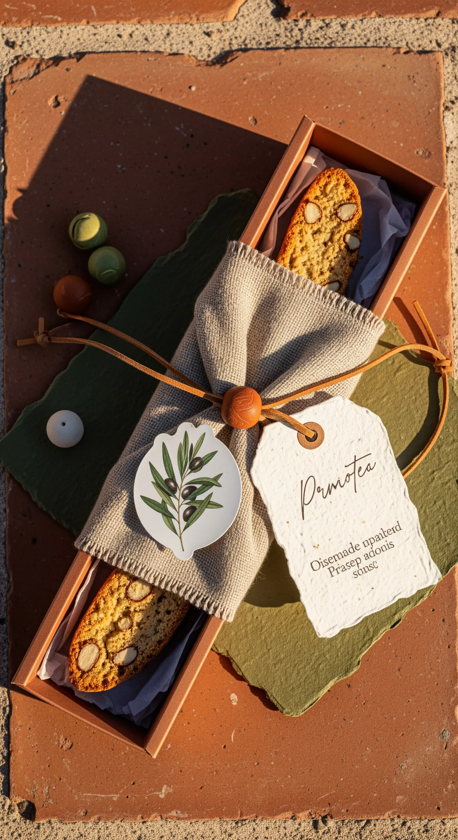 Cantucci in una scatola color terracotta, avvolta da un panno di lino e un tag a tema ulivo.