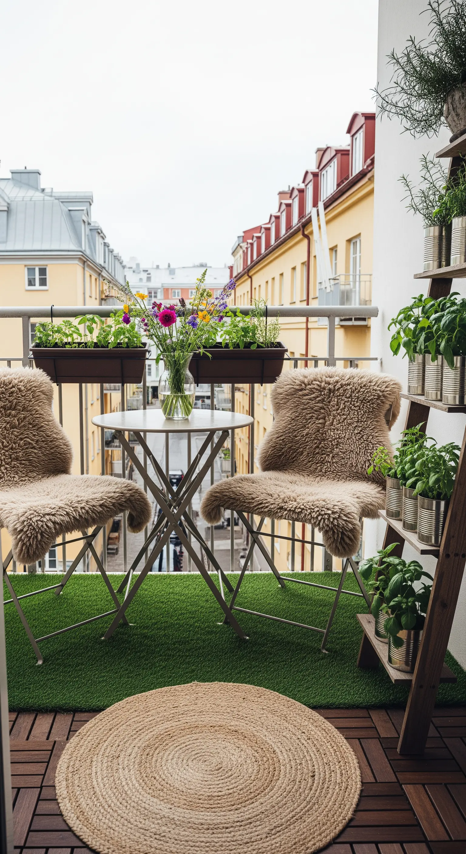 Set bistrò su un balcone con prato sintetico, sedie coperte di pelliccia e scala con erbe aromatiche.