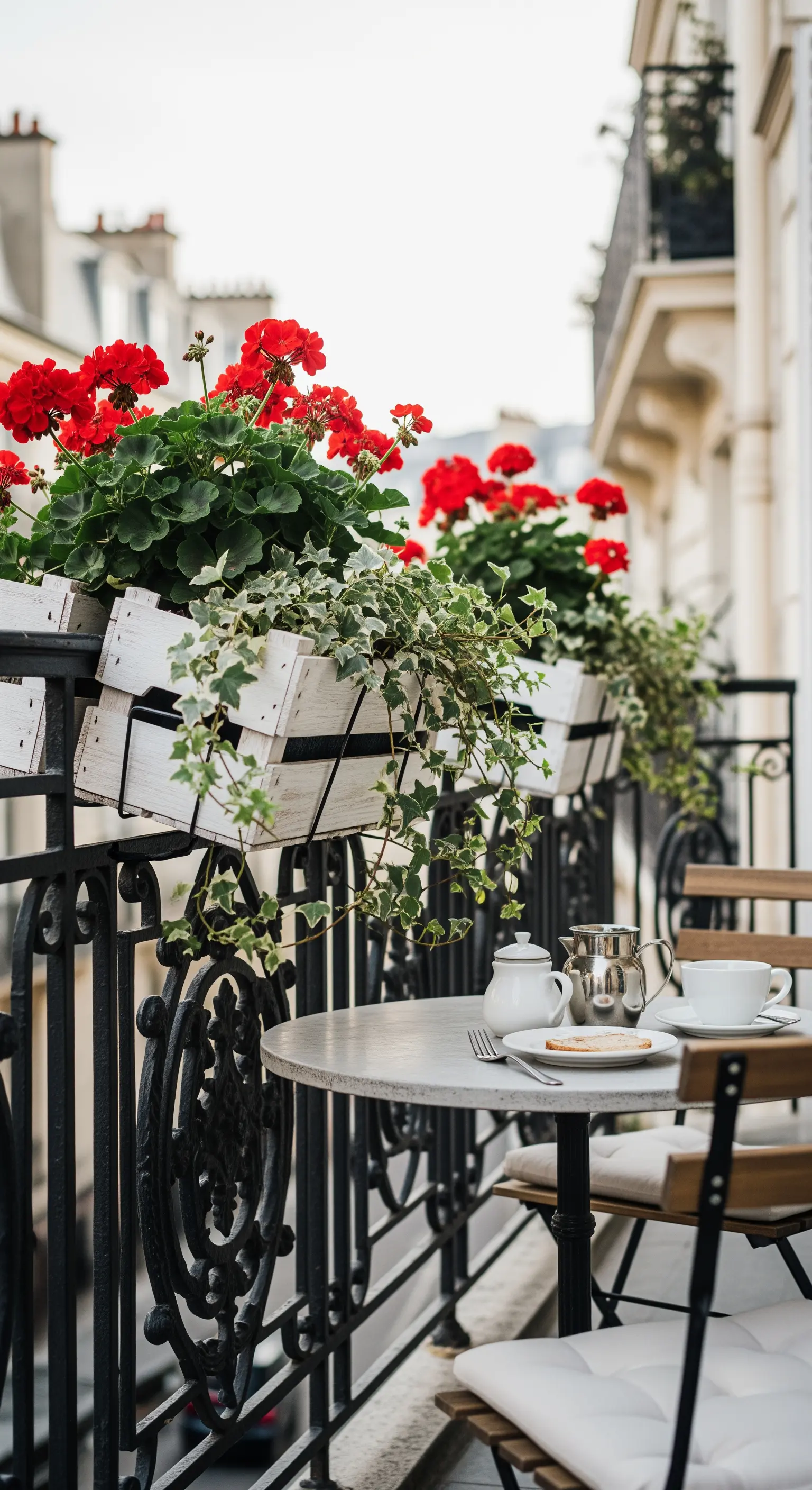 Balcone parigino con cassette di legno bianche usate come fioriere per gerani rossi