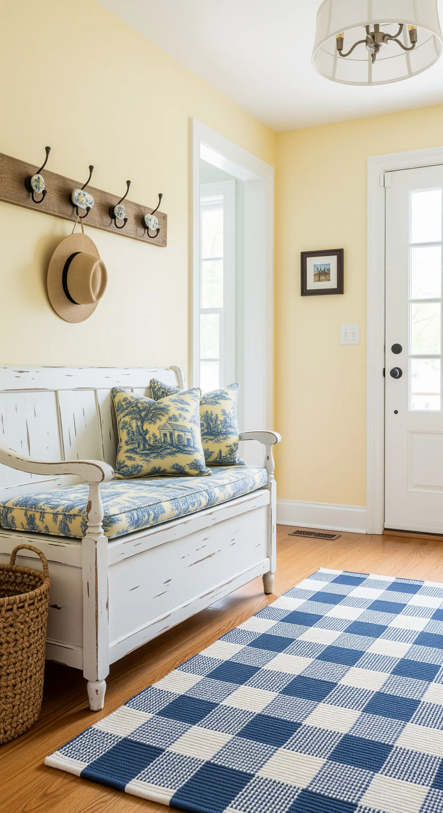Ingresso in stile French Country con panca bianca decapata e cuscini con stampa Toile de Jouy.