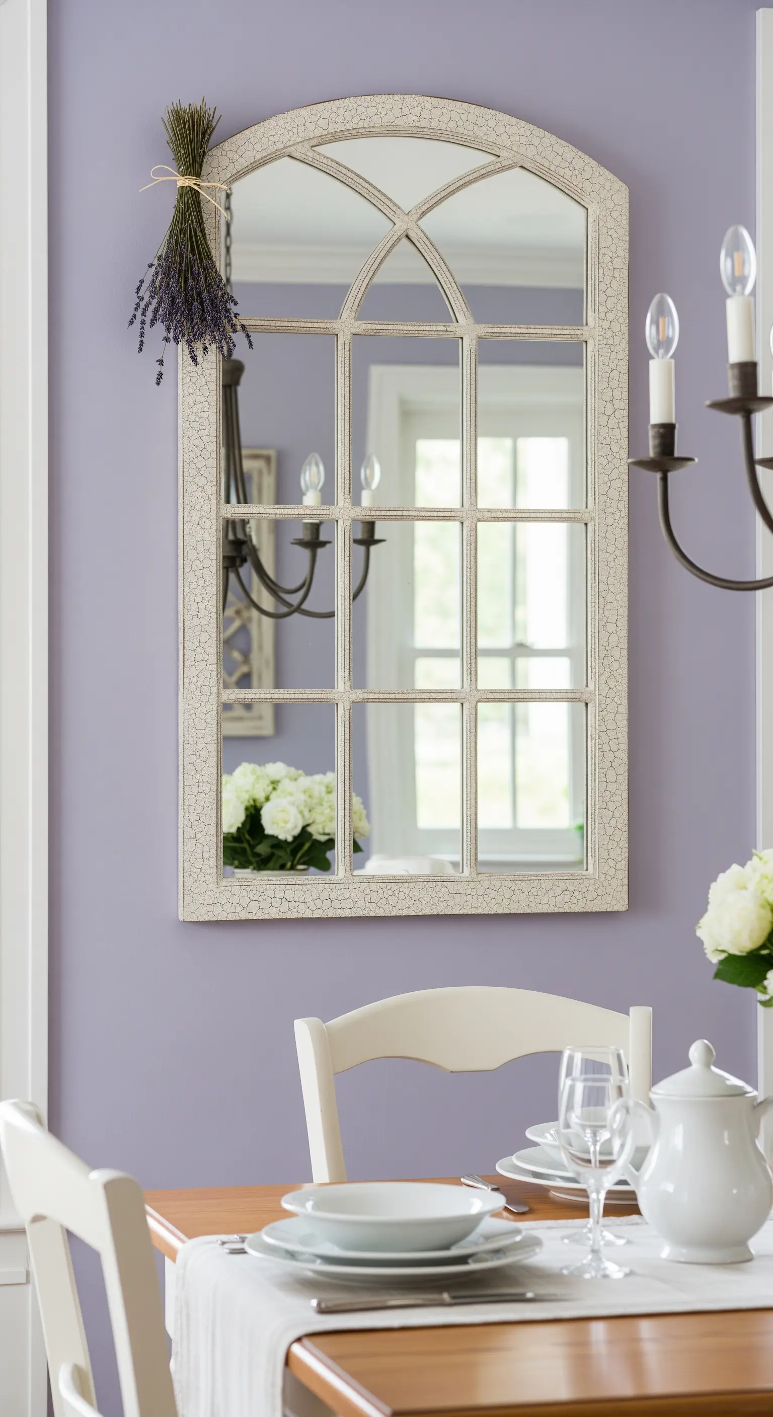 Specchio a finestra ad arco con vernice bianca screpolata, appeso a una parete color lavanda.