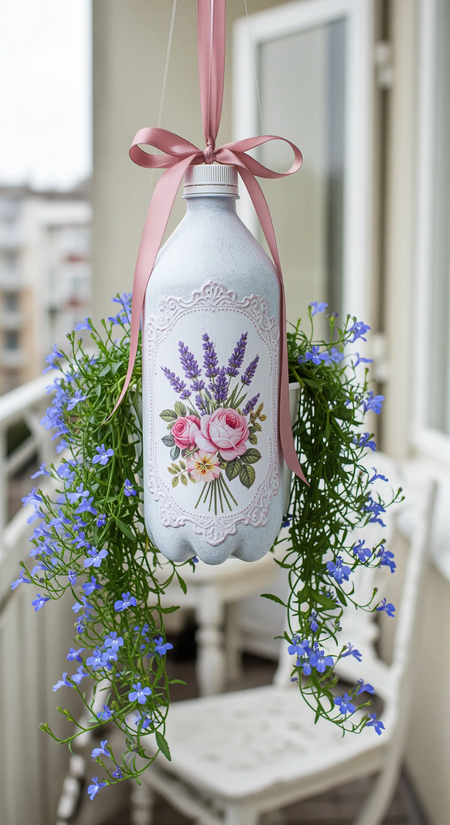 Bottiglia di plastica decorata in stile shabby chic con tecnica decoupage e un nastro rosa.