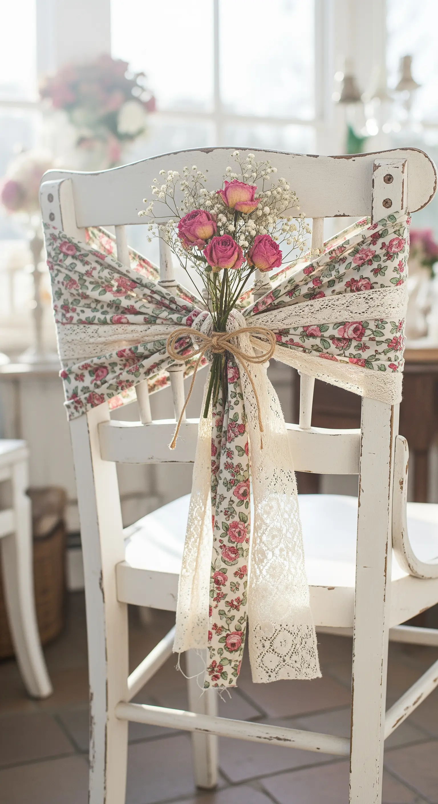 Sedia bianca decapata con un fiocco in tessuto floreale e pizzo, legato con spago.