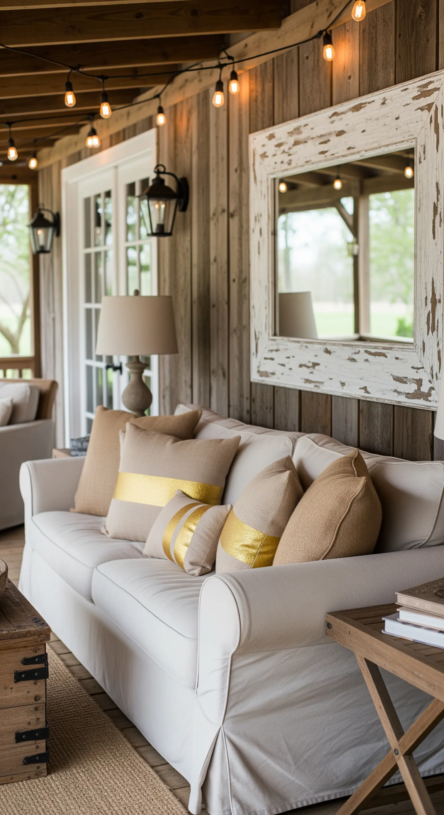 Portico rustico con divano in lino, specchio con cornice bianca rovinata e luci a filo.