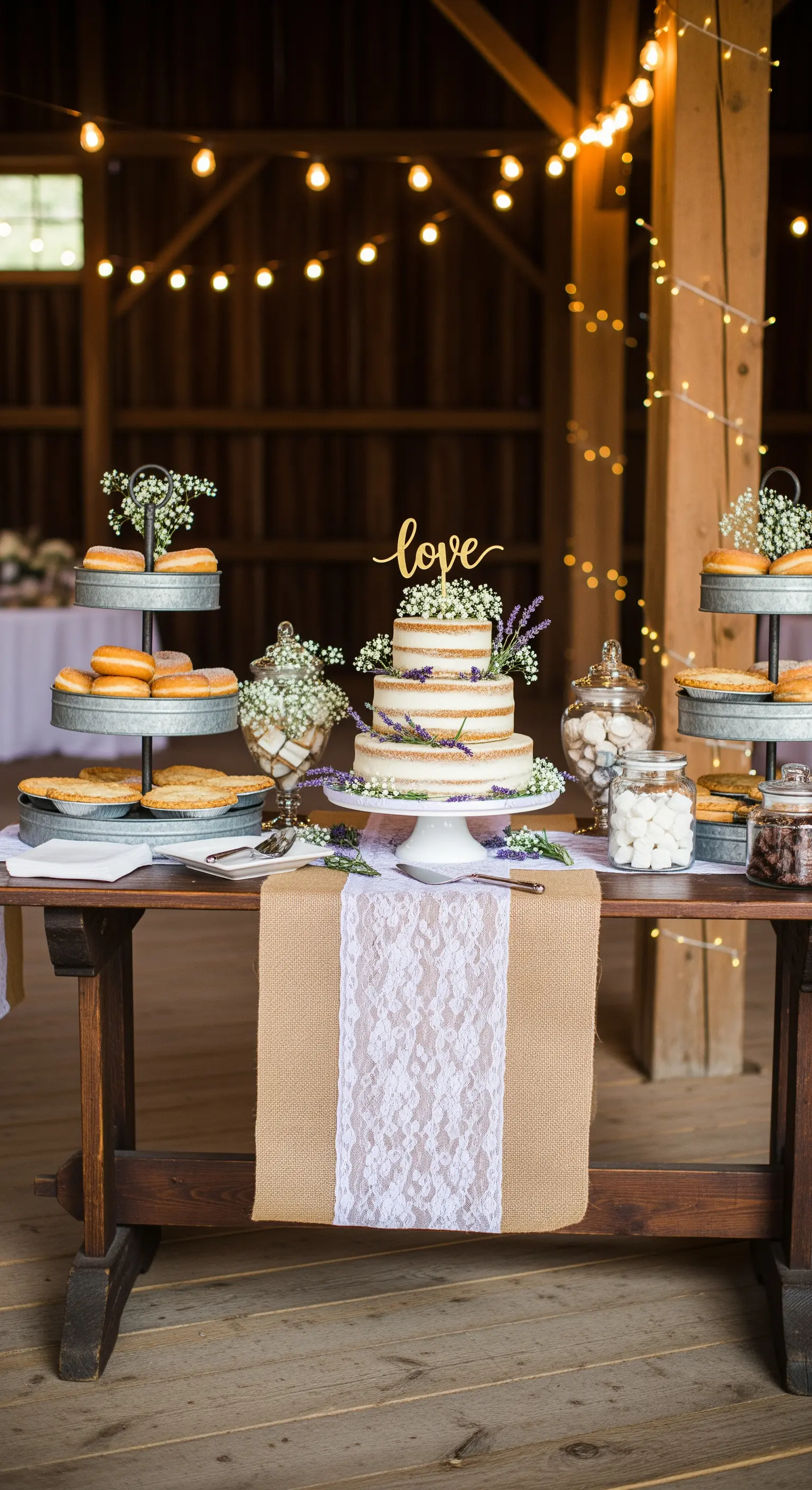 Tavolo da dessert rustico in un fienile con naked cake, juta, pizzo e luci a catena.