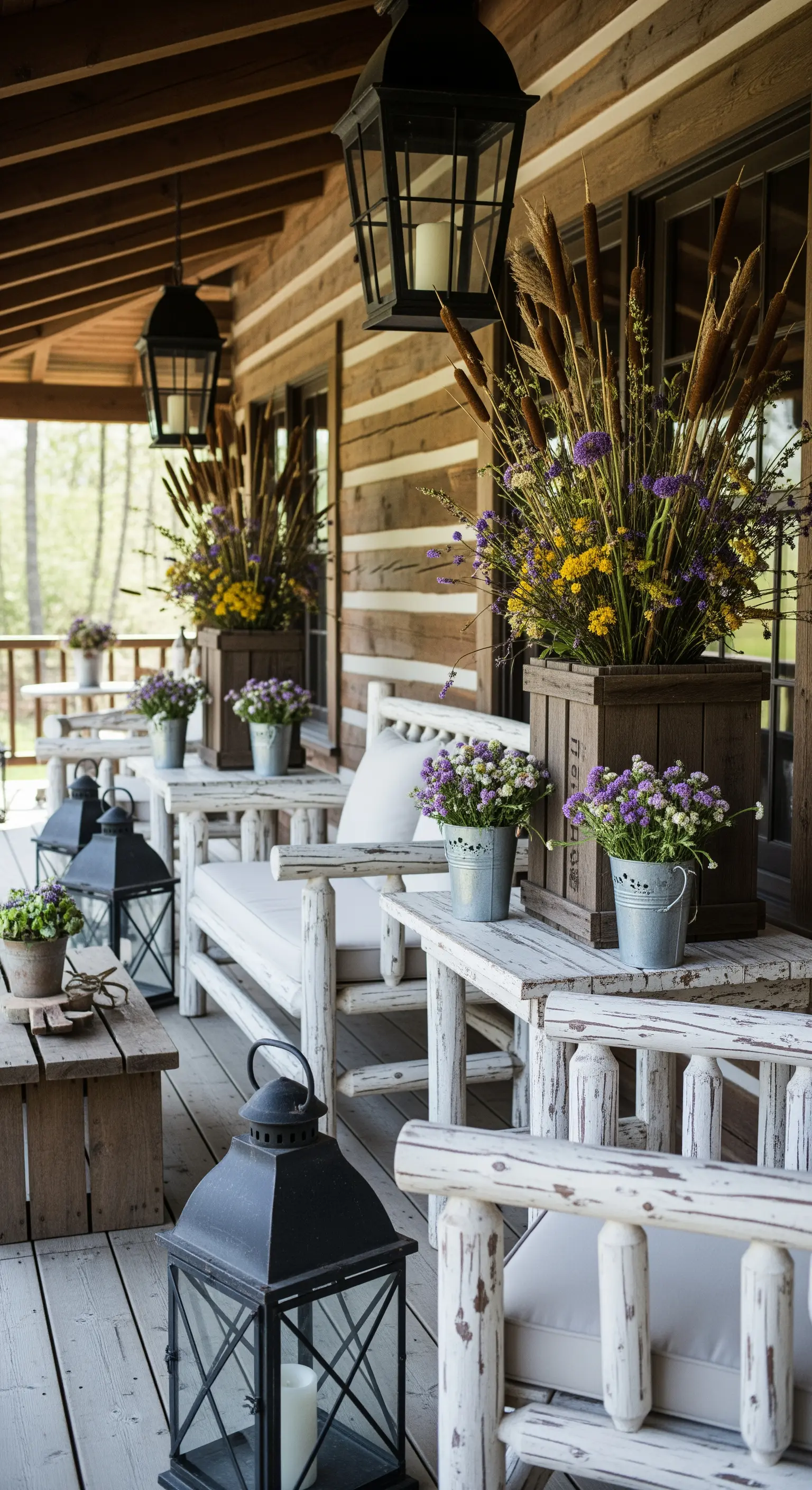 Portico di una baita in legno con arredi bianchi grezzi e fiori di campo.