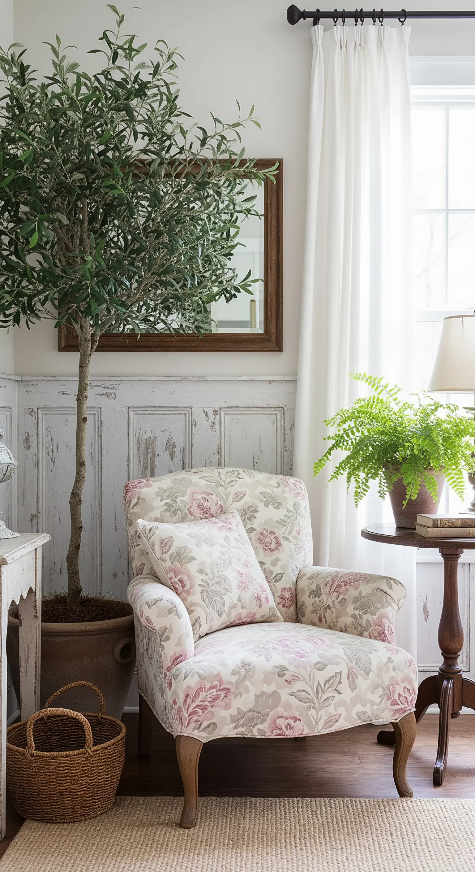 Poltrona floreale accanto a un ulivo in vaso, con una parete di legno bianco anticato.
