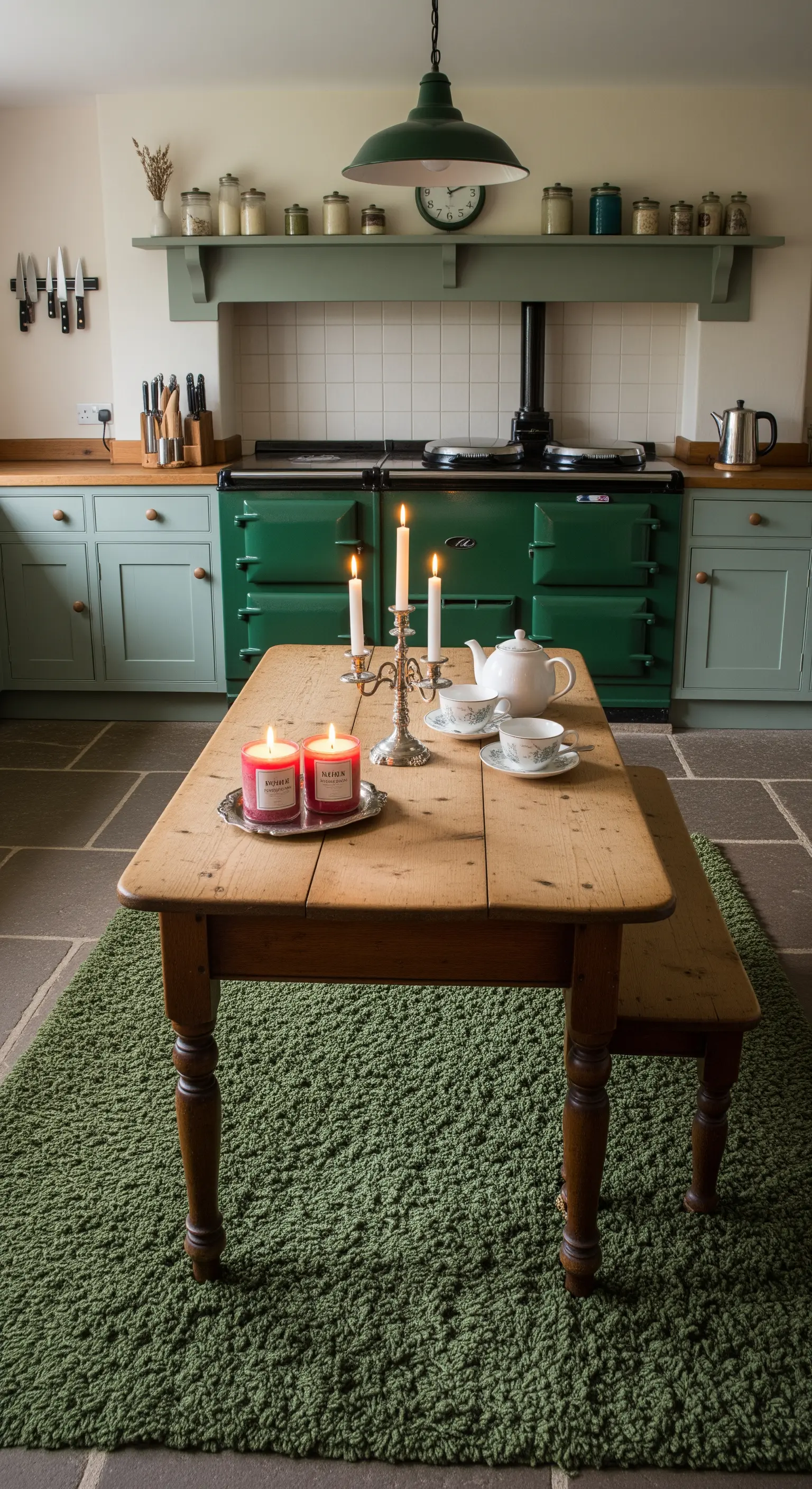 Cucina country con mobili verde salvia, pavimento in ardesia e tappeto verde scuro a pelo corto.