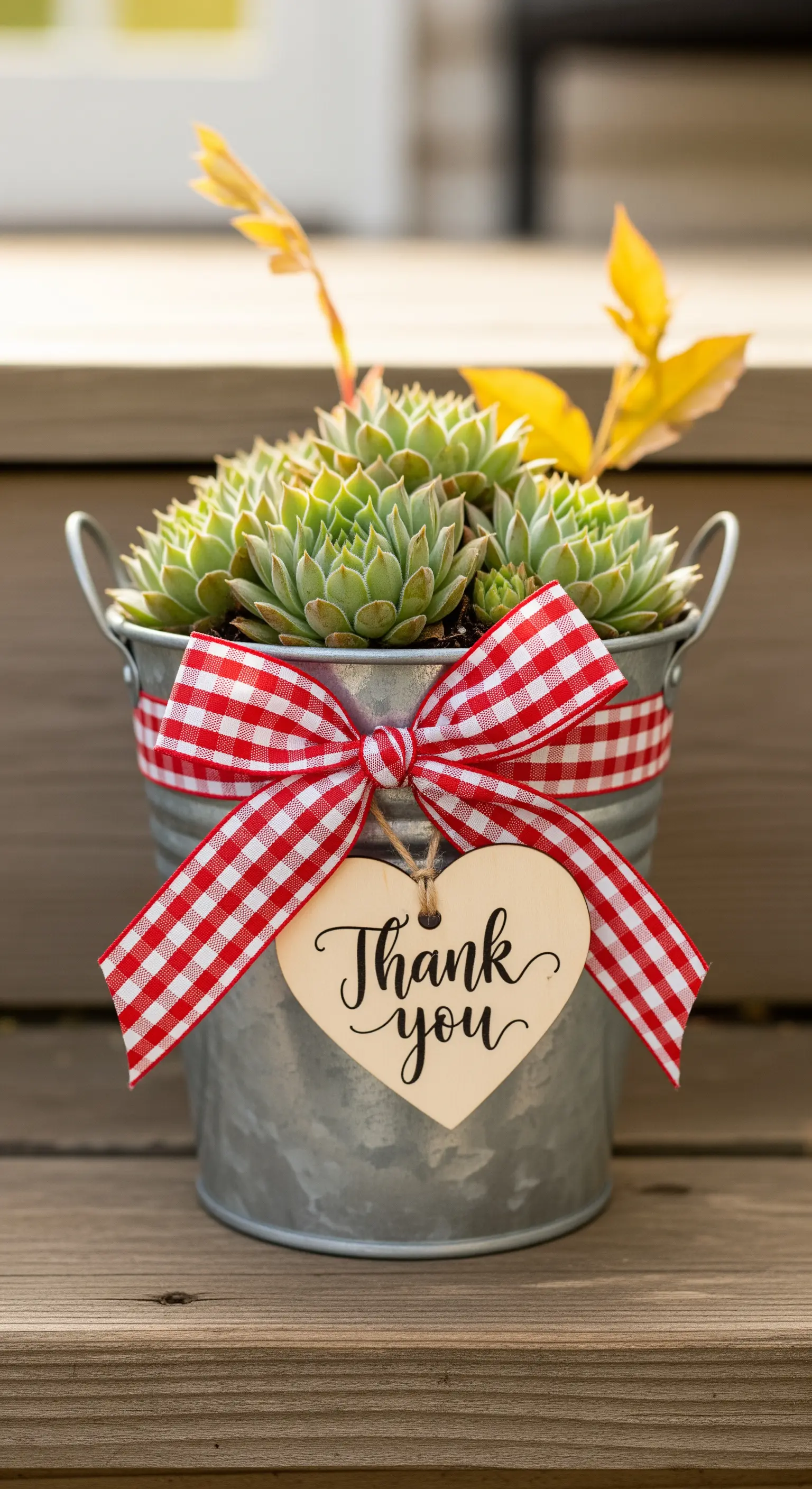 Pianta grassa in un secchiello di metallo con fiocco a quadri rossi e etichetta a cuore.
