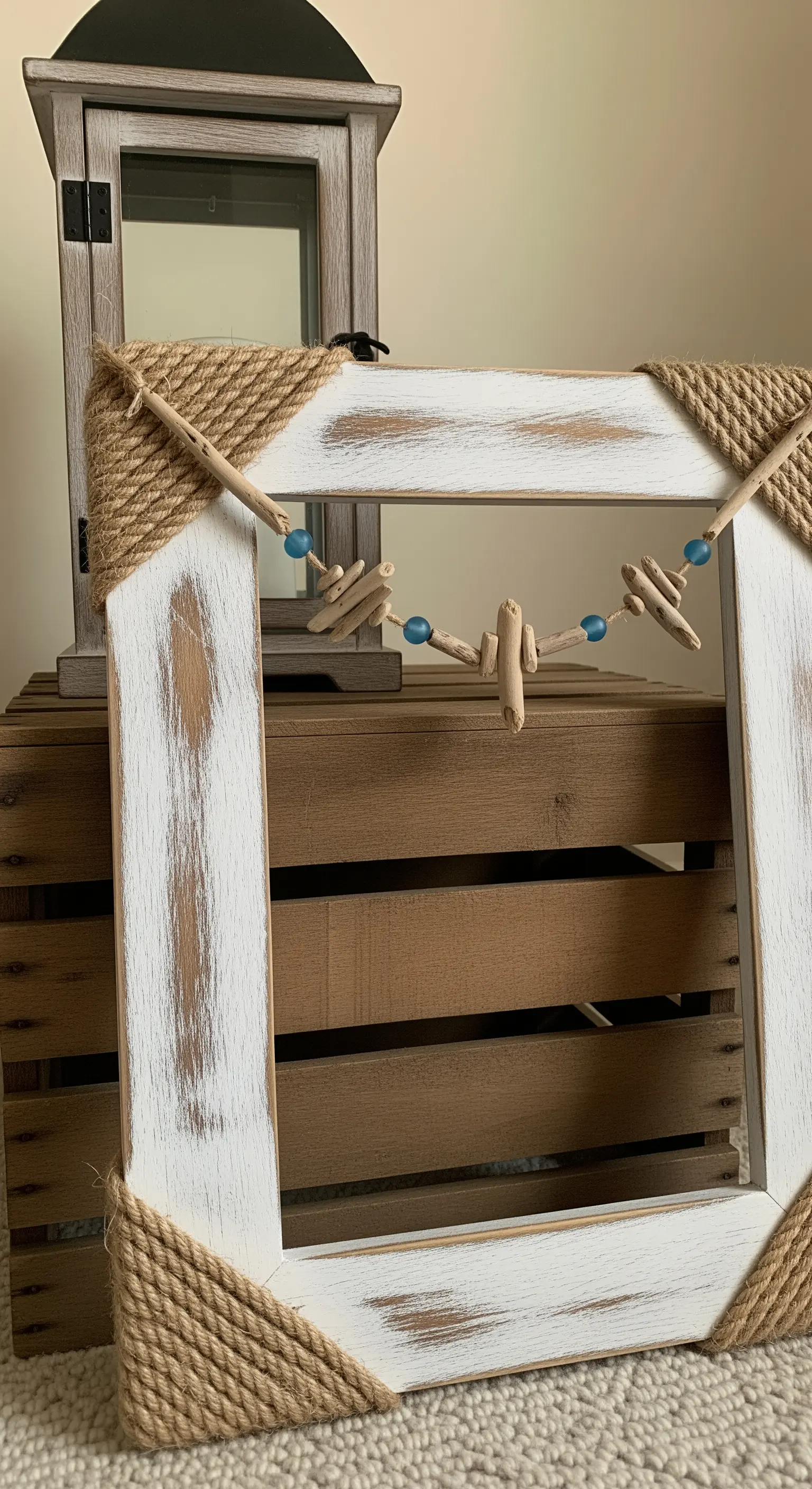 Cornice in legno bianco con effetto decapato, angoli avvolti in corda e una ghirlanda decorativa.