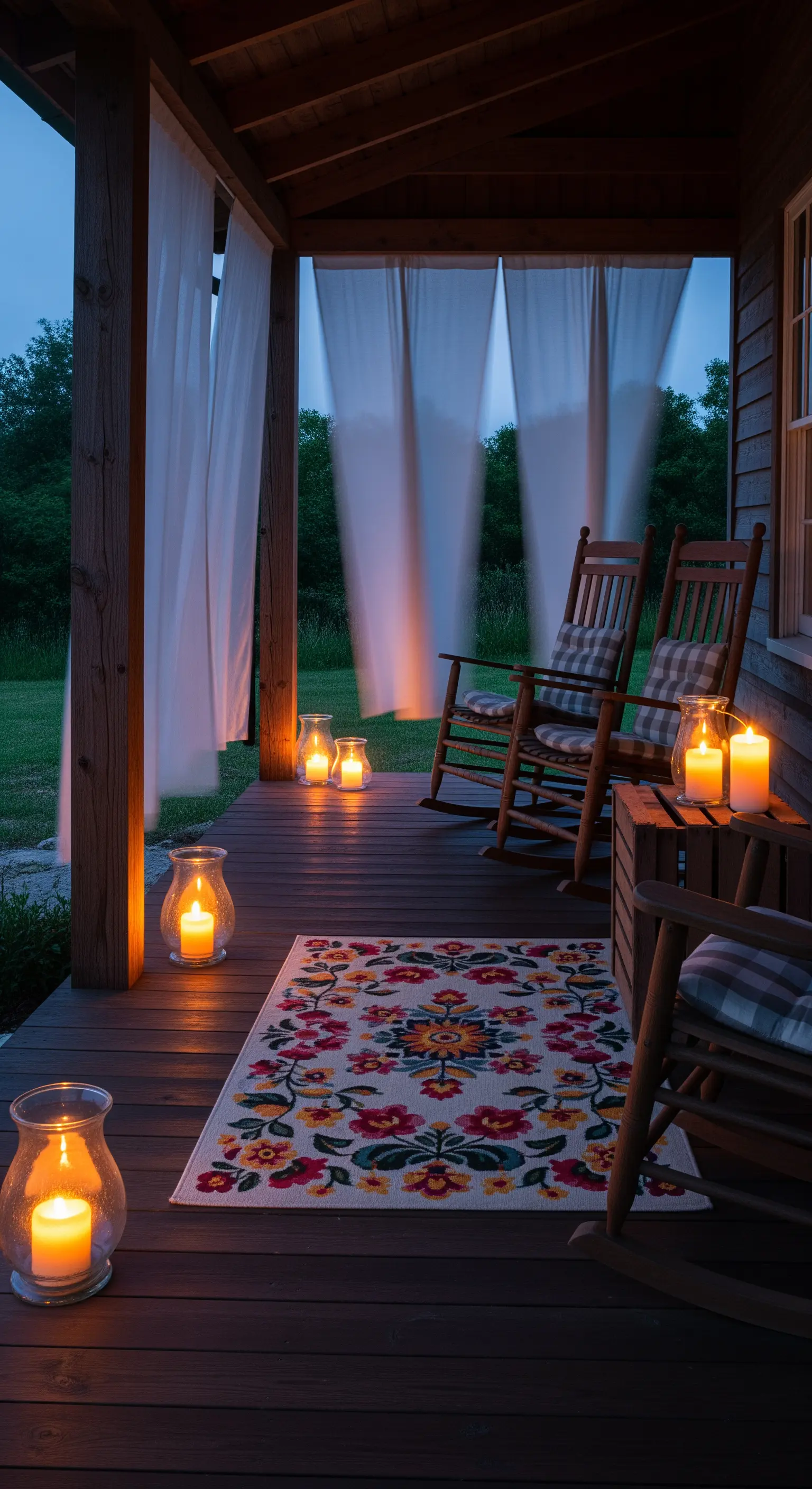 Portico in legno con sedie a dondolo, tappeto floreale colorato e lanterne di vetro.