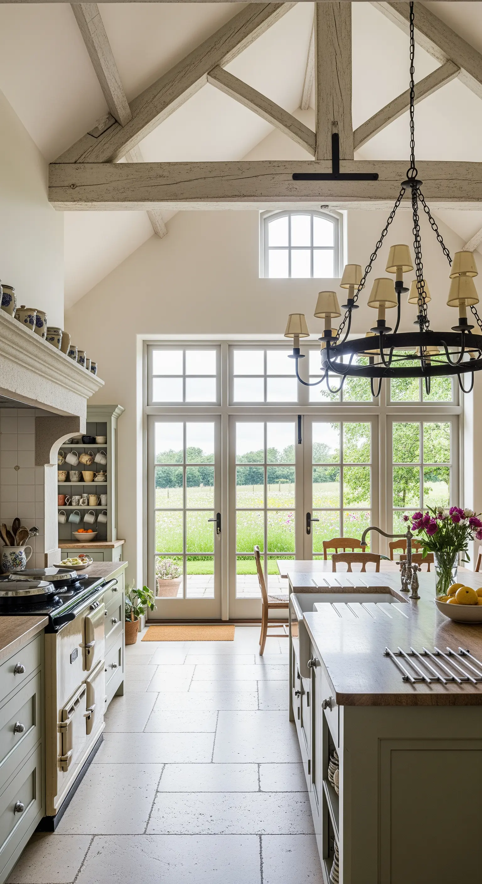 Cucina di campagna con travi a vista, mobili color salvia e lampadario in ferro con paralumi