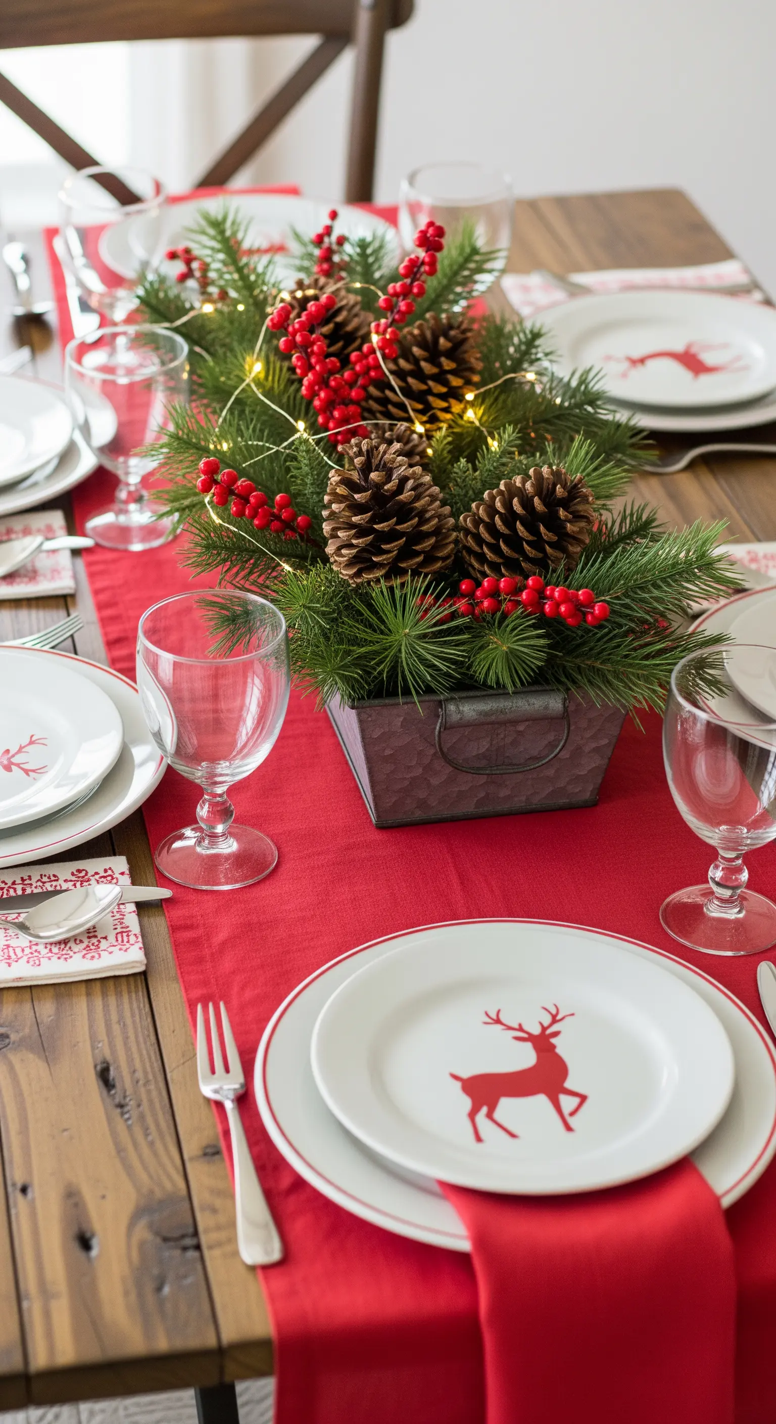 Centrotavola rustico con pigne, bacche e lucine su un runner rosso e piatti con renna.