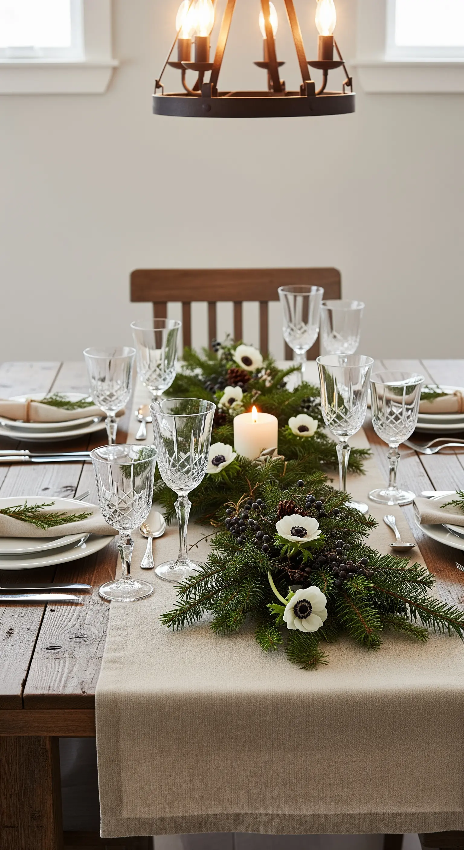 Tavola di Natale rustica con runner di abete, anemoni bianchi e bacche scure.
