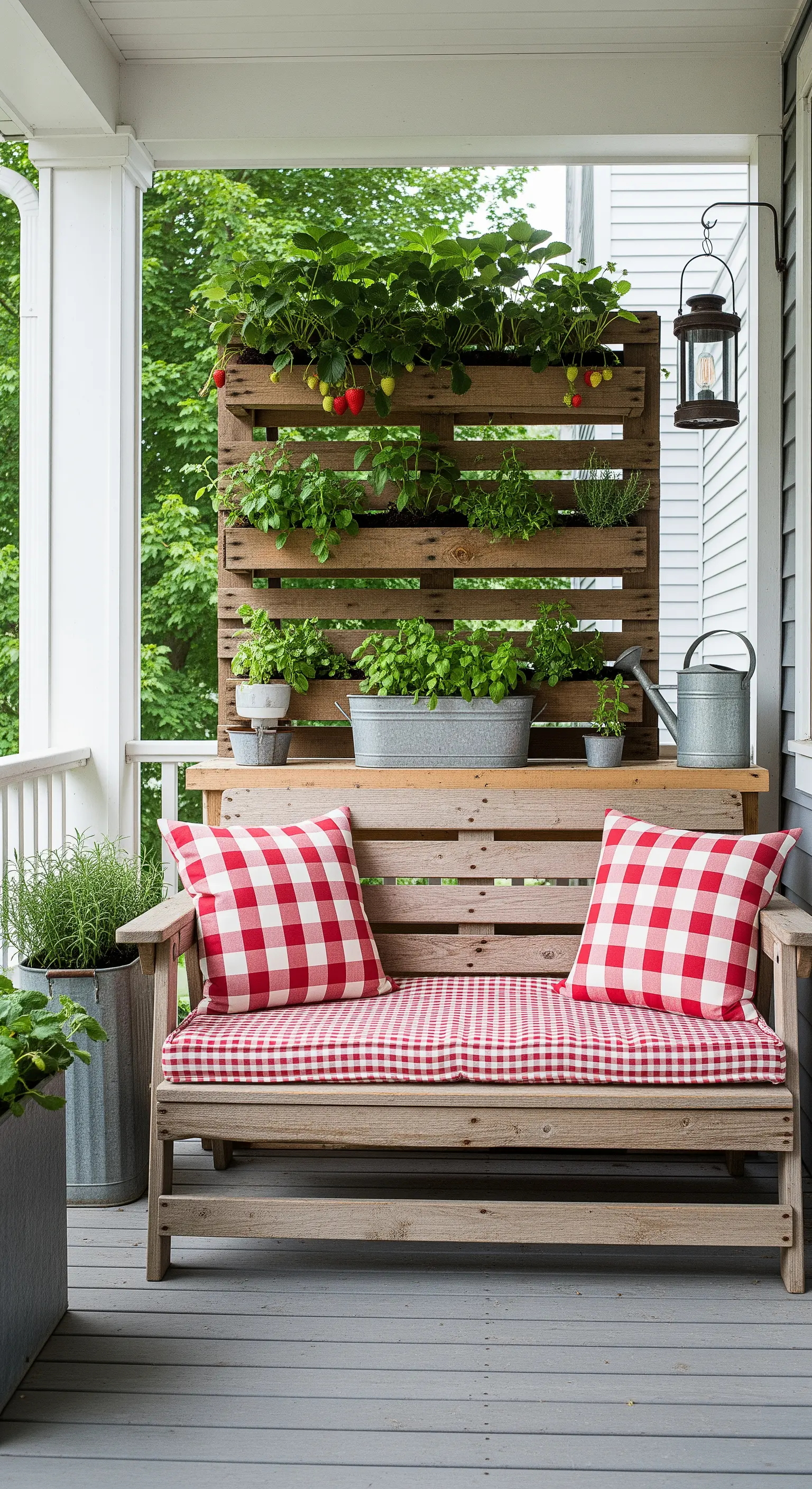 Veranda rustica con panca in legno e un orto verticale fai-da-te ricavato da un pallet.