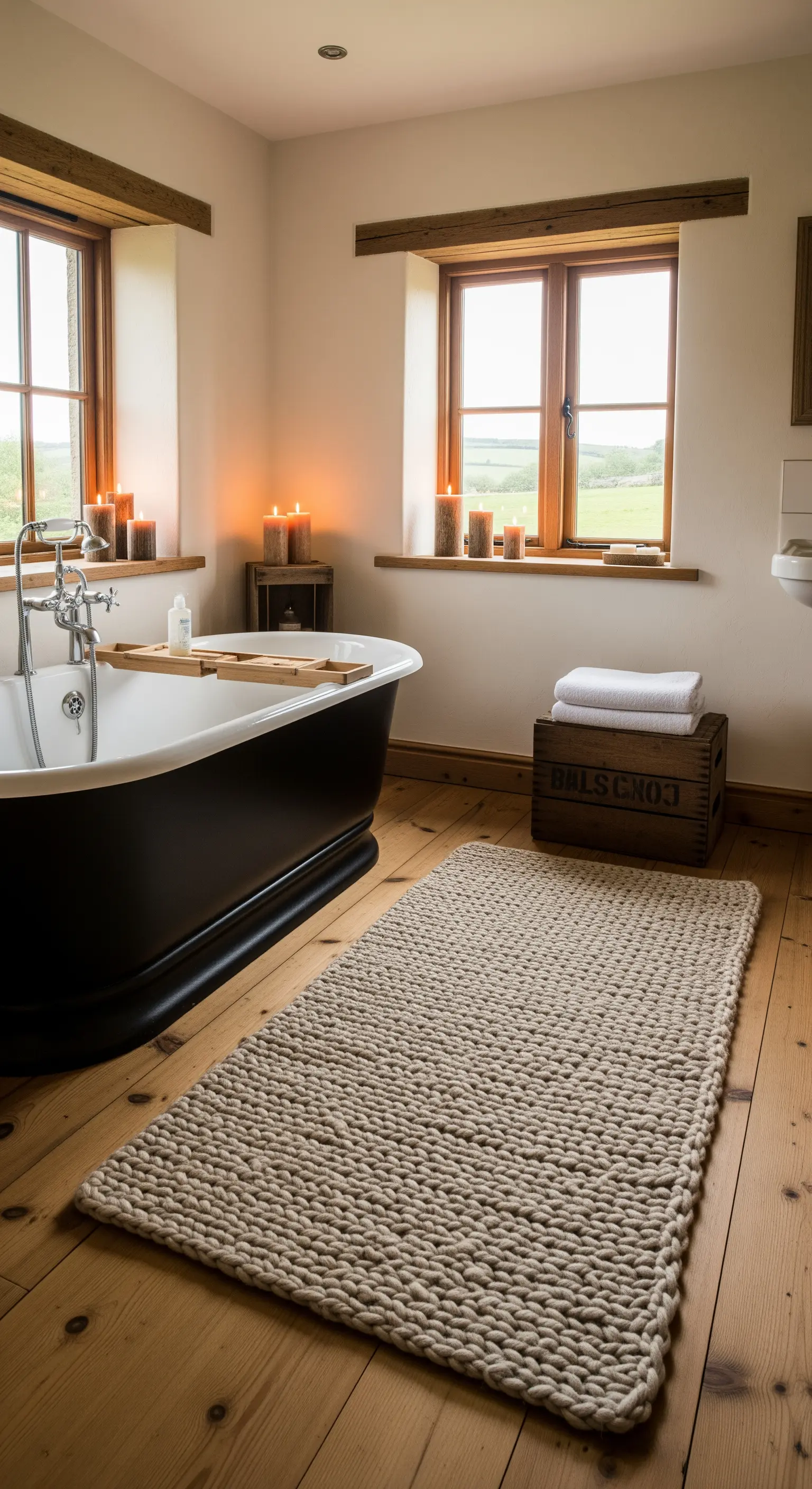 Bagno rustico con pavimento in legno, vasca freestanding e tappeto in maglia grossa.