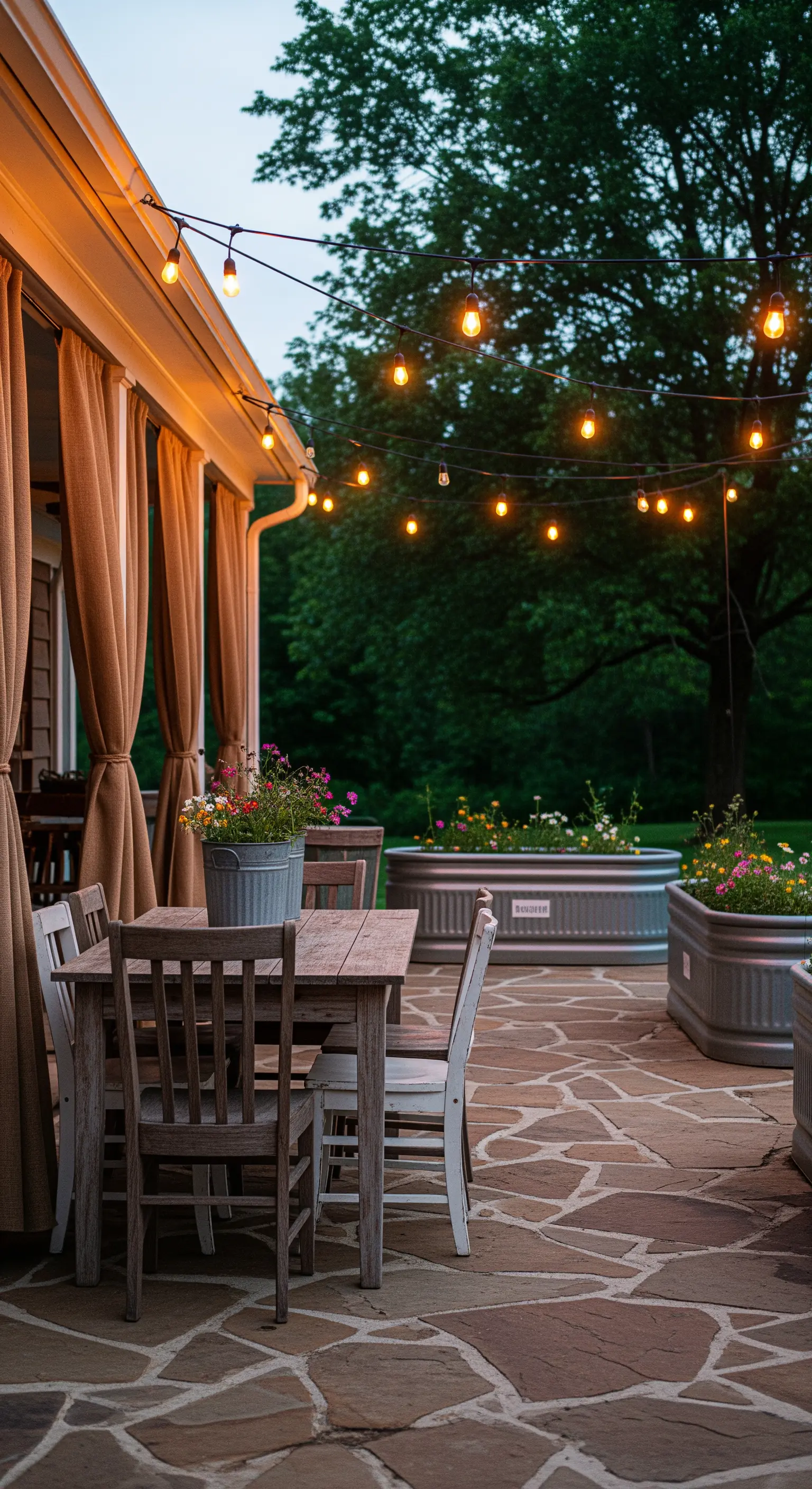 Patio in pietra con tavolo in legno, tende color terra e fiori in mastelli di zinco.