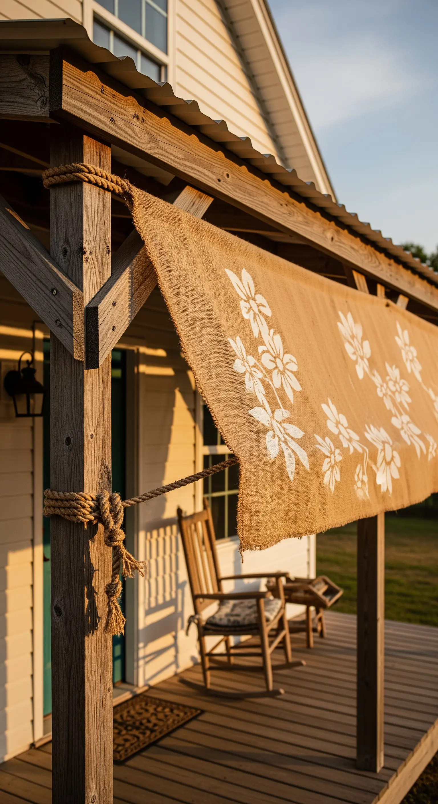 Tenda da sole in juta con fiori bianchi dipinti, legata a una struttura in legno.