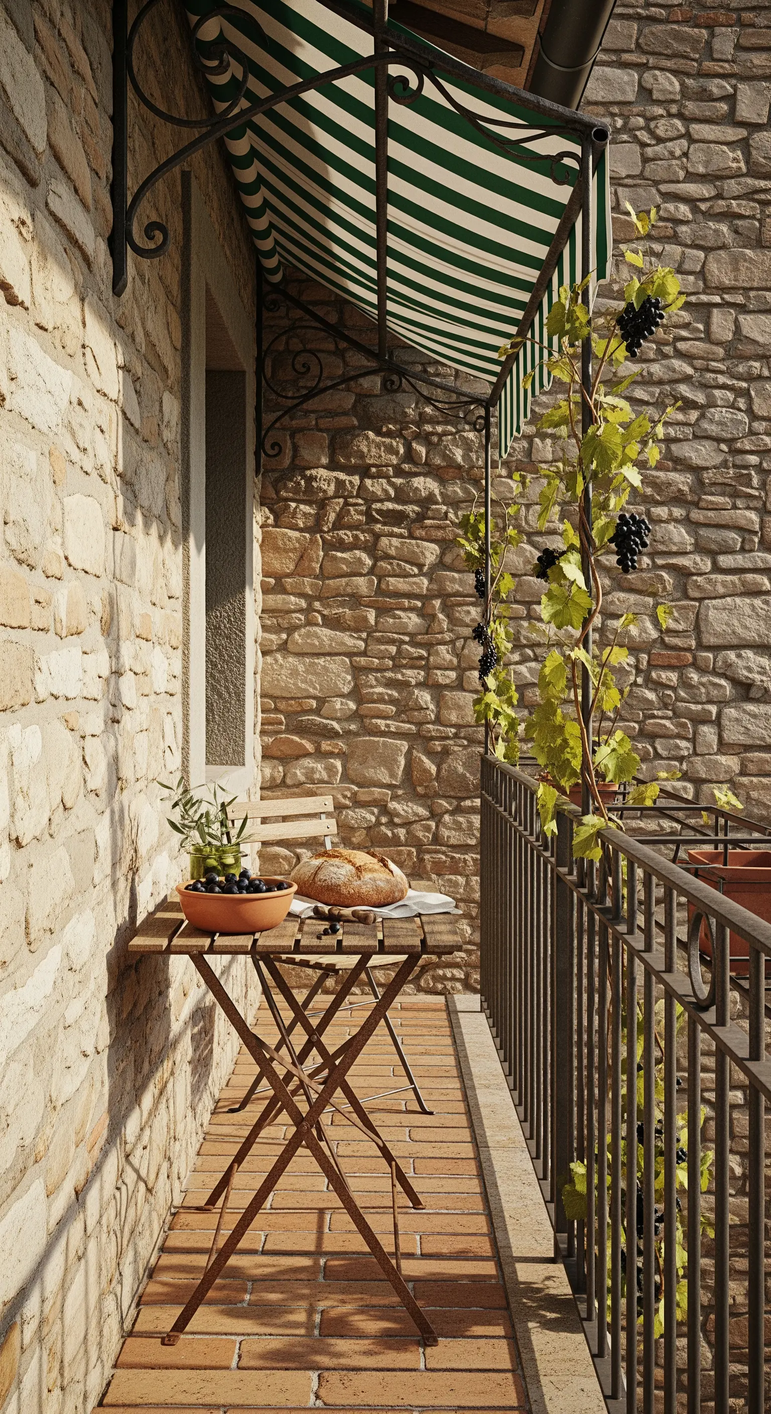 Balcone rustico con parete in pietra, tenda a righe verdi e una piccola vite rampicante.