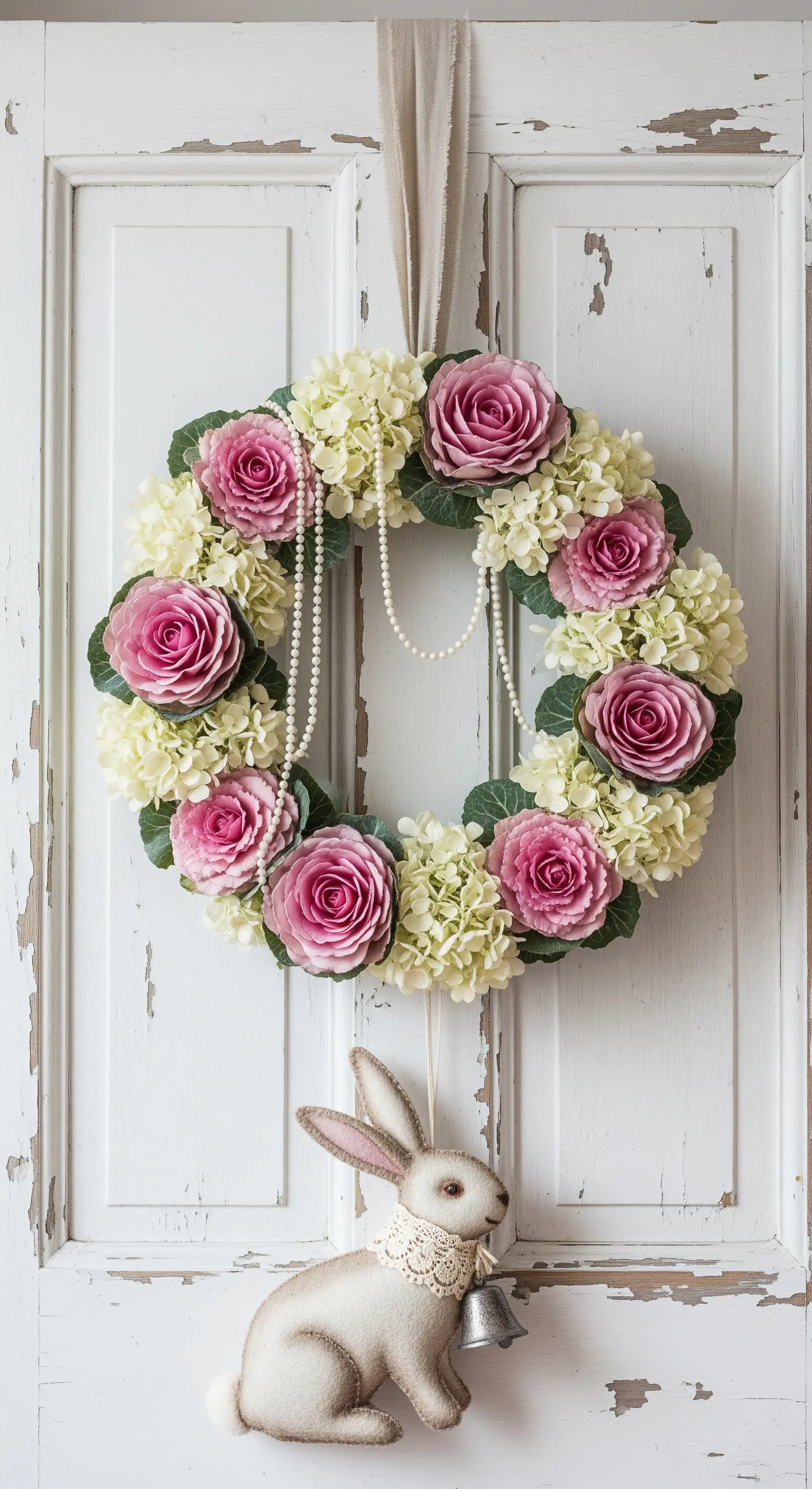Ghirlanda shabby chic con ortensie, rose rosa, perle e un coniglietto bianco.