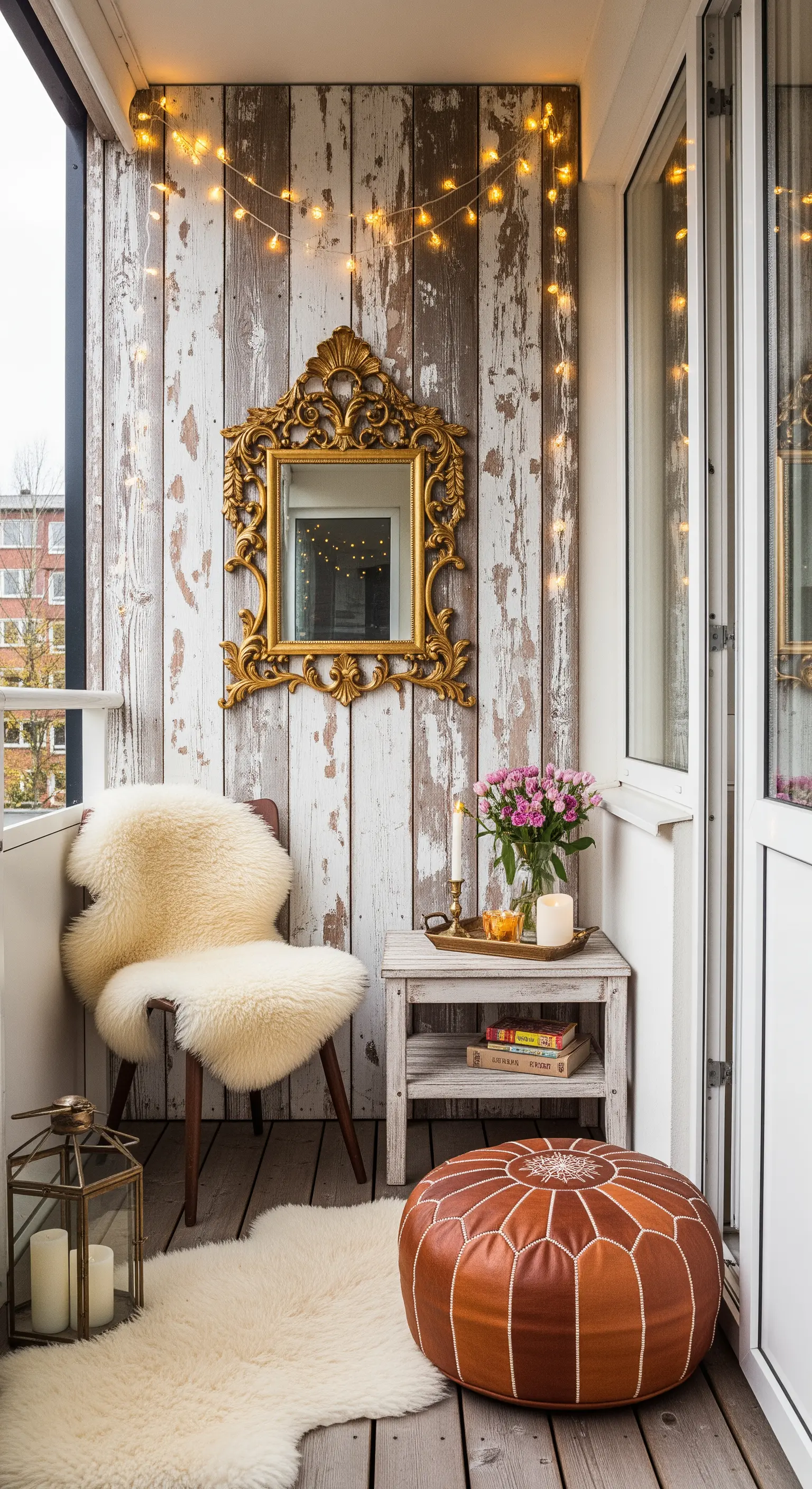 Balcone rustico con parete in legno bianco, specchio dorato barocco e arredi accoglienti.