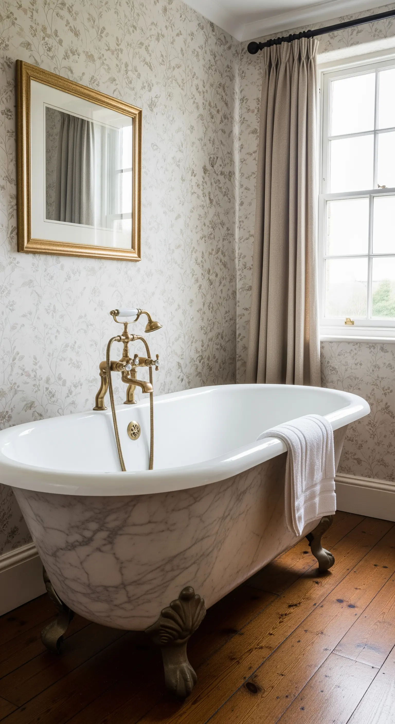 Vasca classica in marmo con piedini in ottone in un bagno con carta da parati floreale.