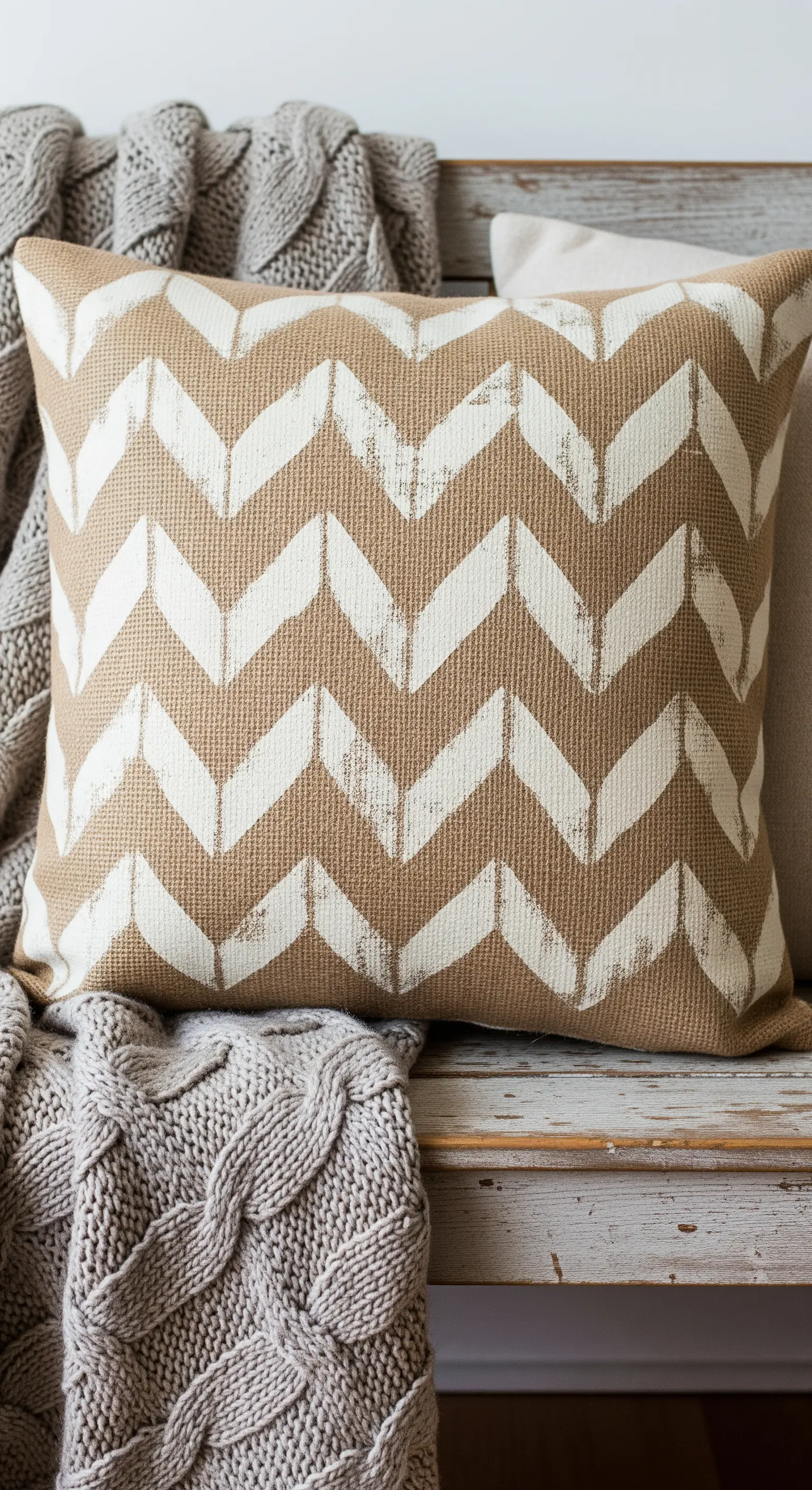 Cuscino in juta con un motivo chevron bianco dipinto con un effetto leggermente rovinato.